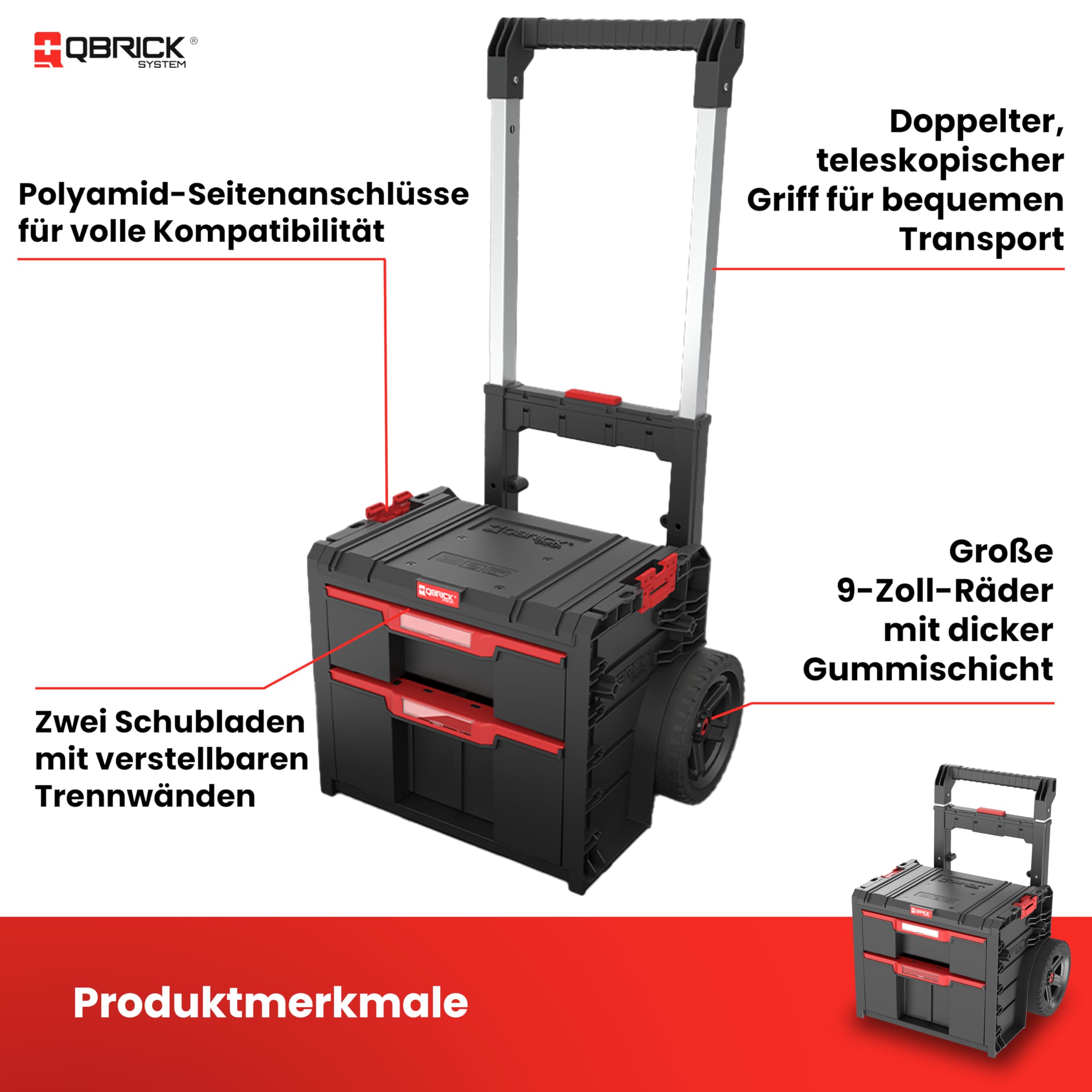 Qbrick System Werkzeugwagen Pro Cart 2.0 Plus Drawer 2 Black Werkzeugtrolley Werkzeugkoffer mit 2 Schubladen Robust Werkzeugkasten Modular
