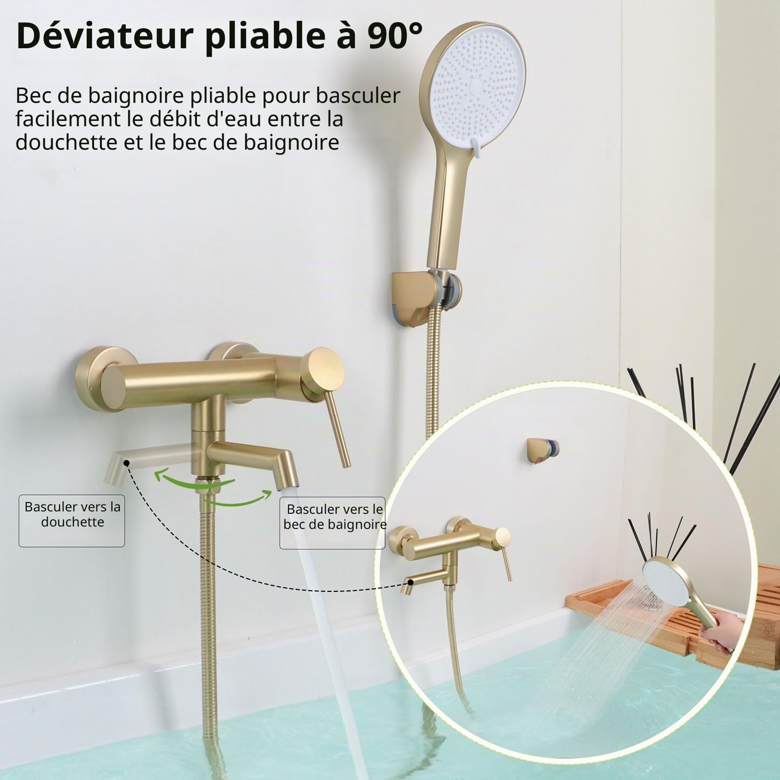 Robinet de Baignoire avec Douchette, Mitigeur Baignoire avec Bec Rotatif à 90°, Mitigeur Bain Douche Mural, Or Brossé, 15Y4OK