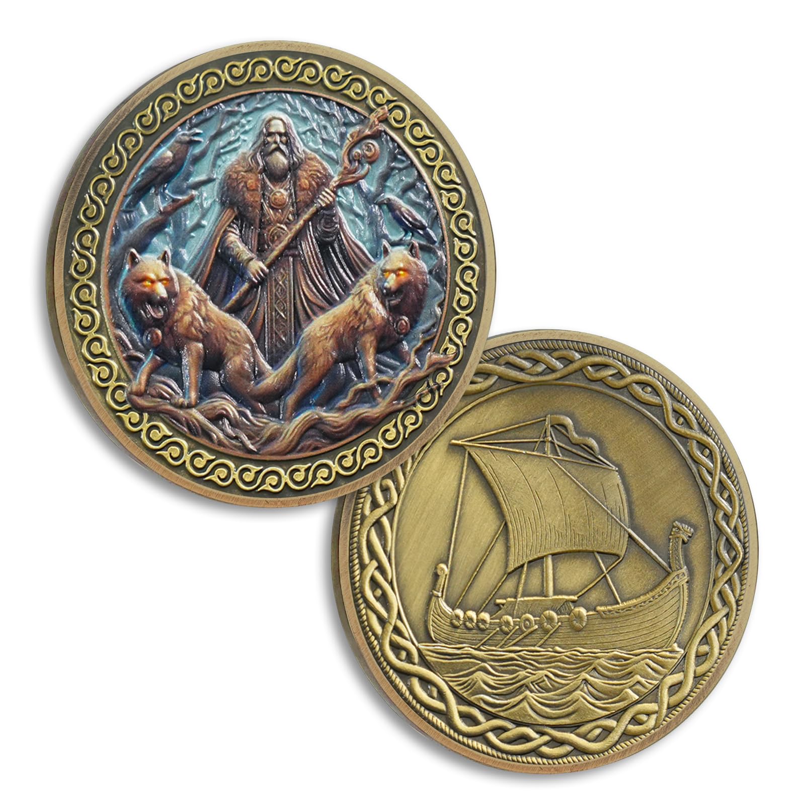 Odin Viking Coin, Viking Warship Challenge Coin - Geri & Freki Norse Mythology Protective Talisman, Bronze Viking Gifts for Men Women