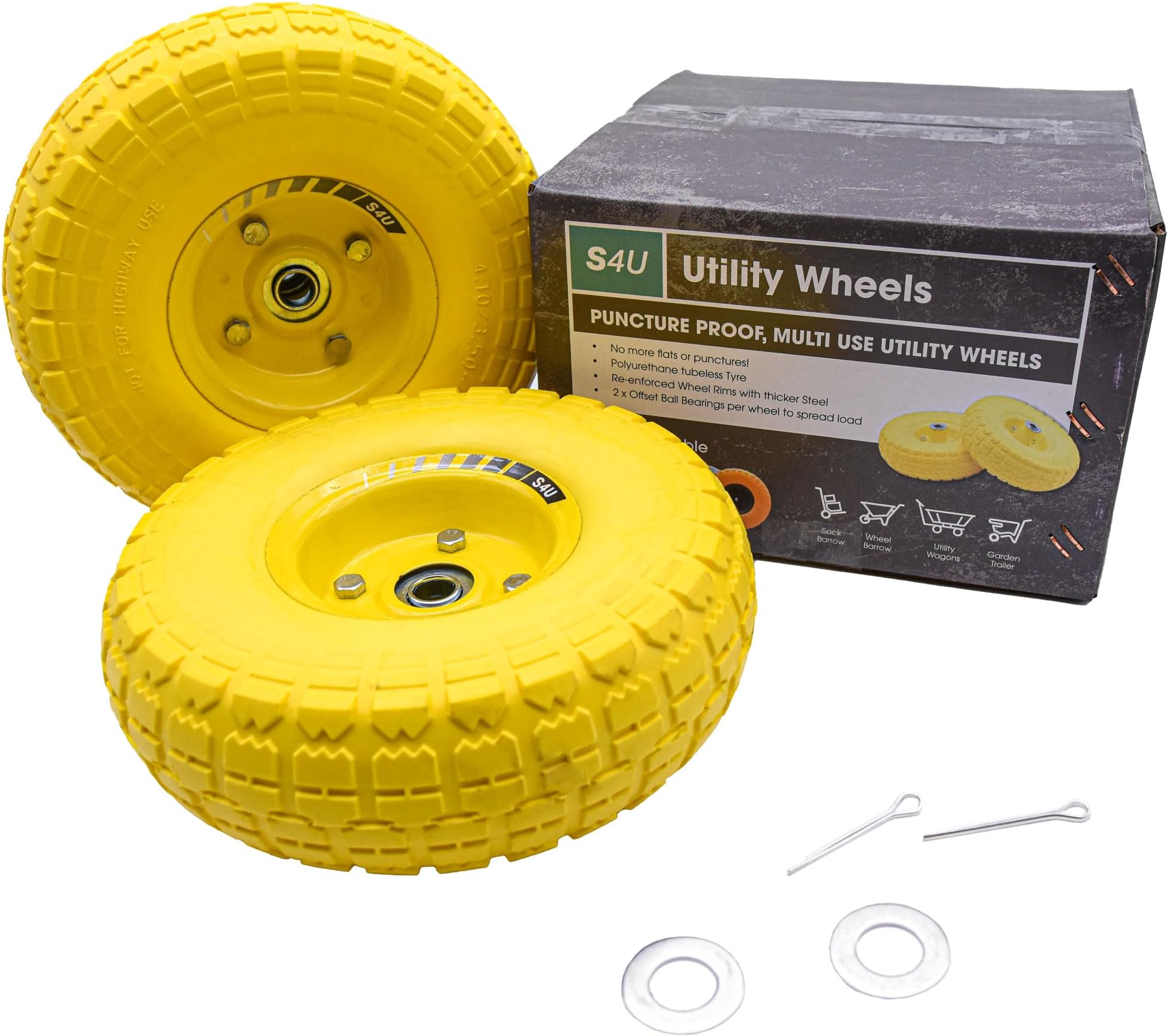 S4U 2x10โ Sack Barrow Hand Truck Trolley Cart Wheelbarrow Solid Wheel 3.5-4 PU Heavy Duty Puncture Proof 16mm Bearing Wheel Nylon locking nuts (Yellow)