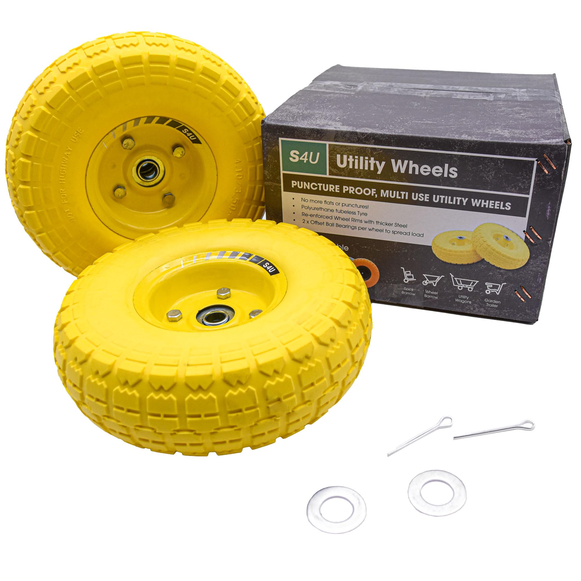 S4U 2x10” Sack Barrow Hand Truck Trolley Cart Wheelbarrow Solid Wheel 3.5-4 PU Heavy Duty Puncture Proof 16mm Bearing Wheel Nylon locking nuts (Yellow)