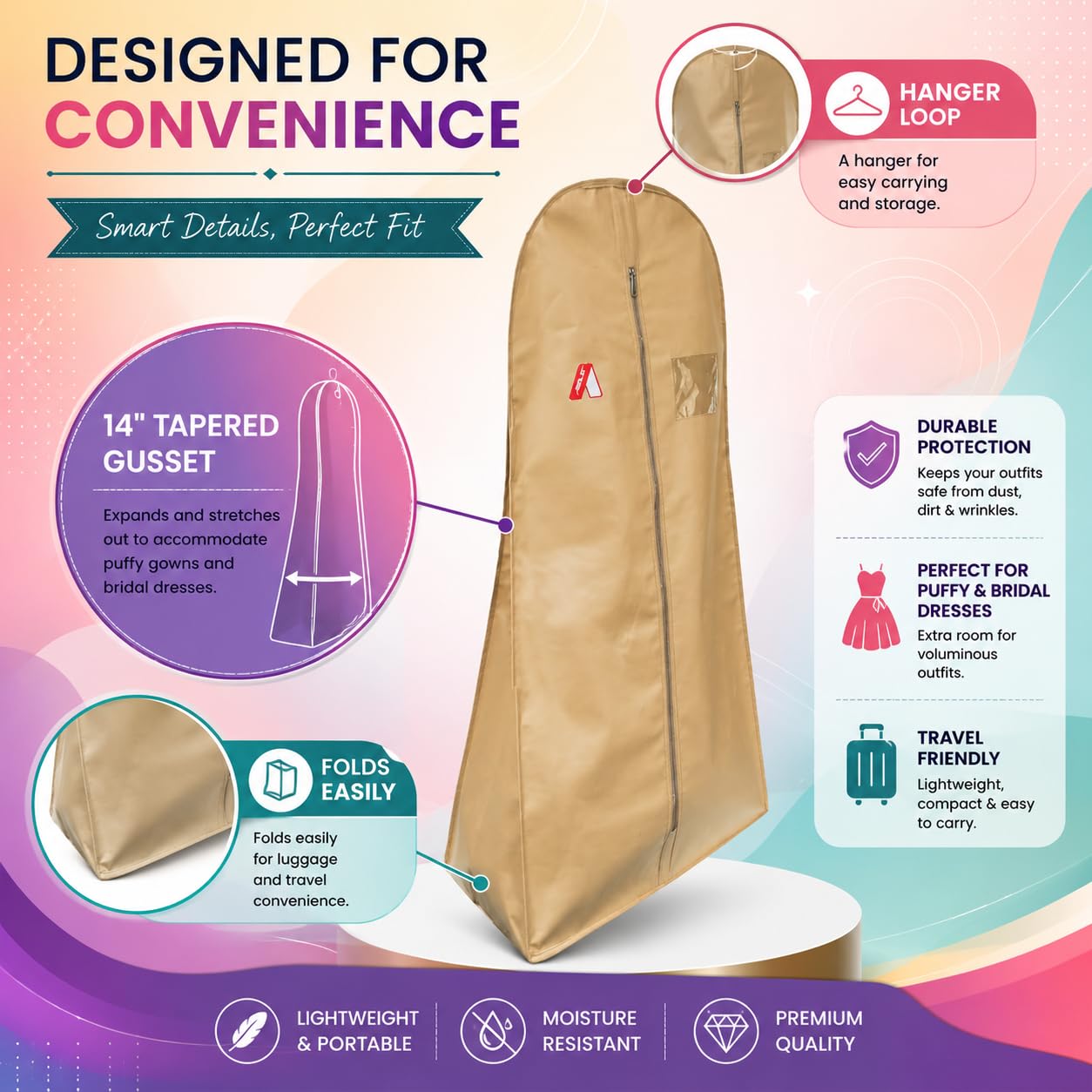 ABLE 62 Inch Wedding & Lehenga Dress Cover Garment Bag with 14 Inch Gusset, Breathable, Dust Protector, for Extra Wide Dress. Navy Blue Non-Woven Fabric Pack of 1 Pcs 3