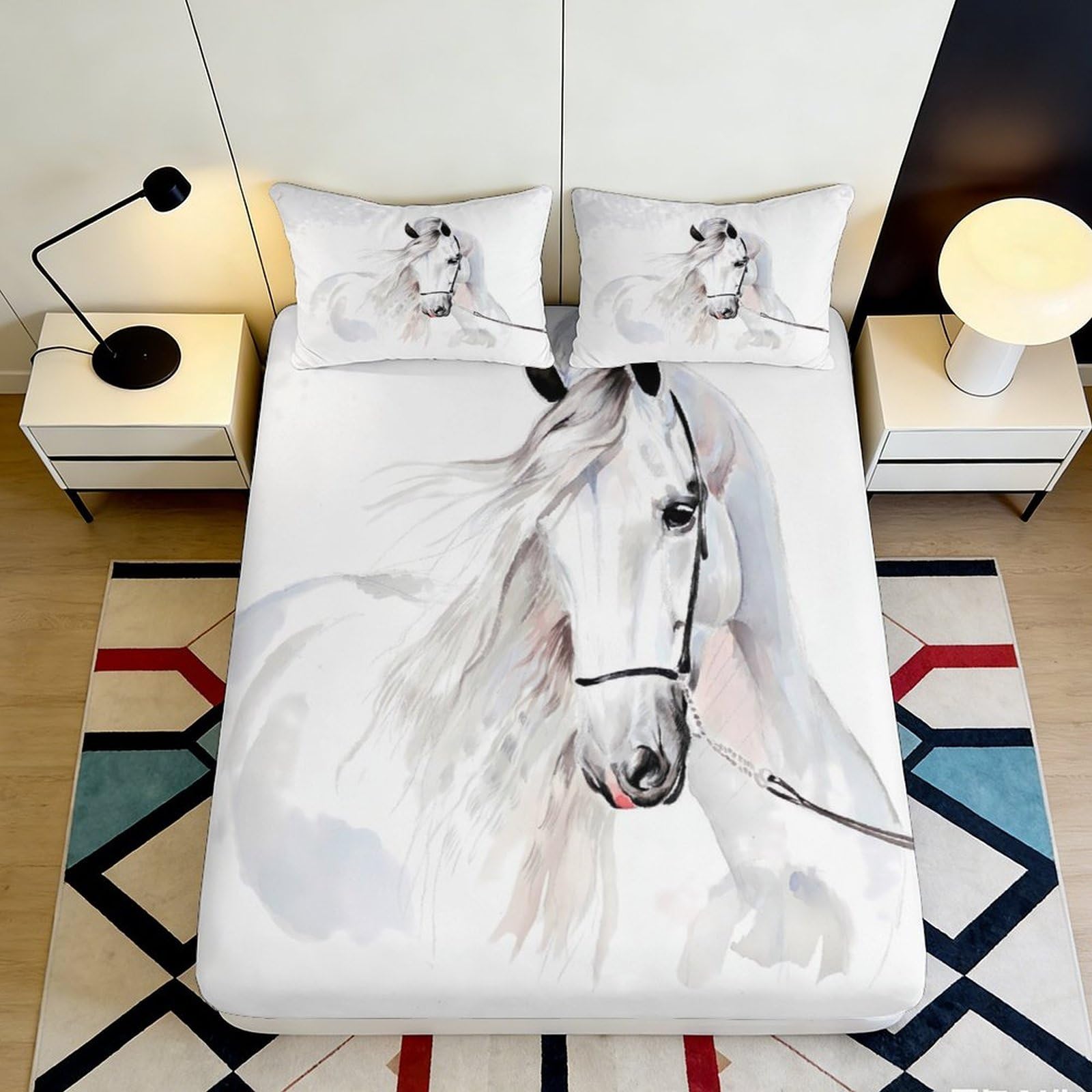 Pnayamiorkfel Style-5 3D Printed White Horse Fitted Sheet Microfiber Soft Slip-Resistant Artistic Animal Mattress Cover For Bedroom Guestroom 90X200x25cm