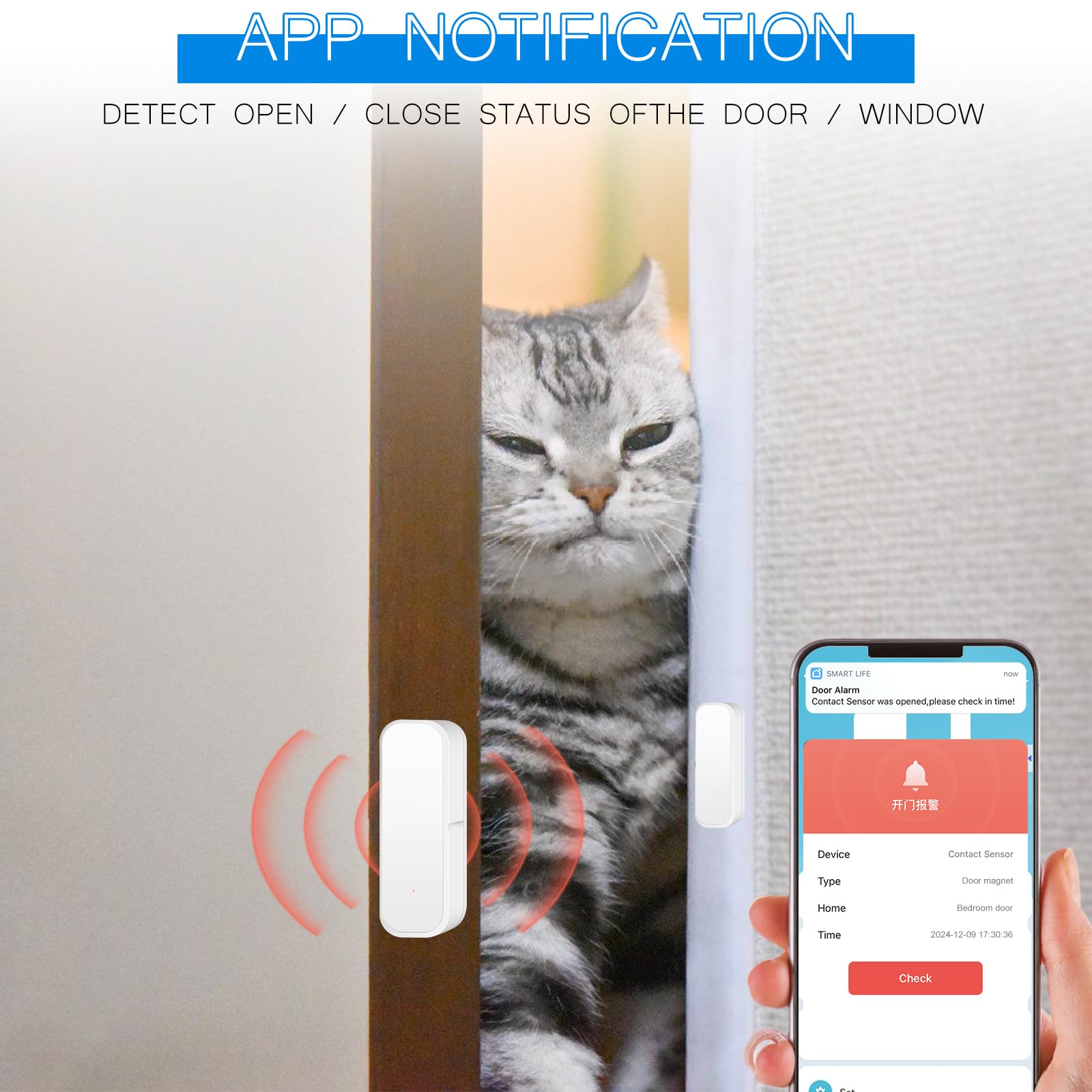 Lot de 2 capteurs de porte WiFi Smart Tuya, détecteur intelligent d'ouverture et de fermeture, notification d'application sans fil pour maison, hangar, garage