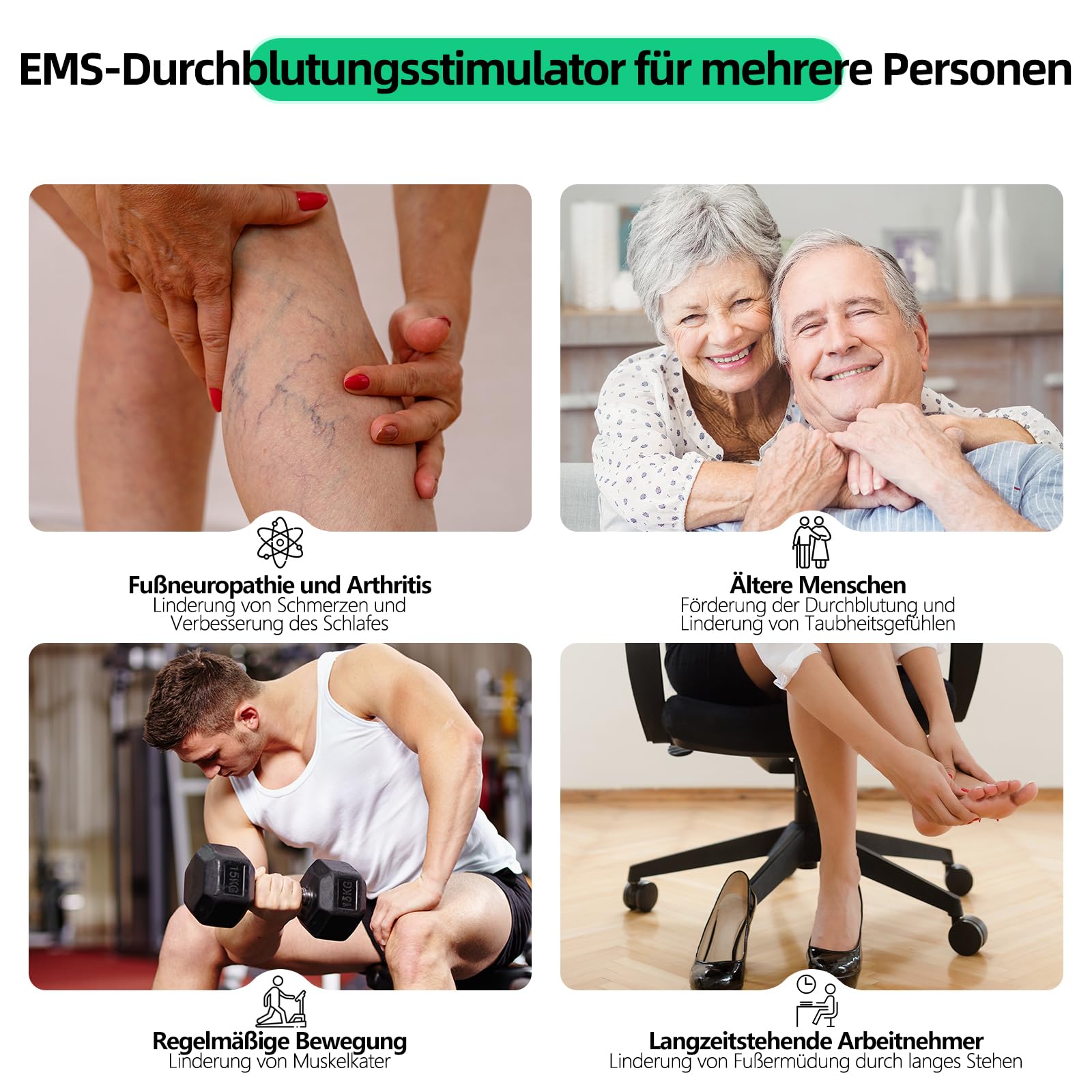 Medic Durchblutungs-Stimulator Beine, Tragbar Fußmassagegerät für Schmerz und Durchblutung, Verbessert Polyneuropathie, EMS Fußmassagegerät, Bekämpft Knie- und Beinschmerzen, mit 4 Elektrodenpads