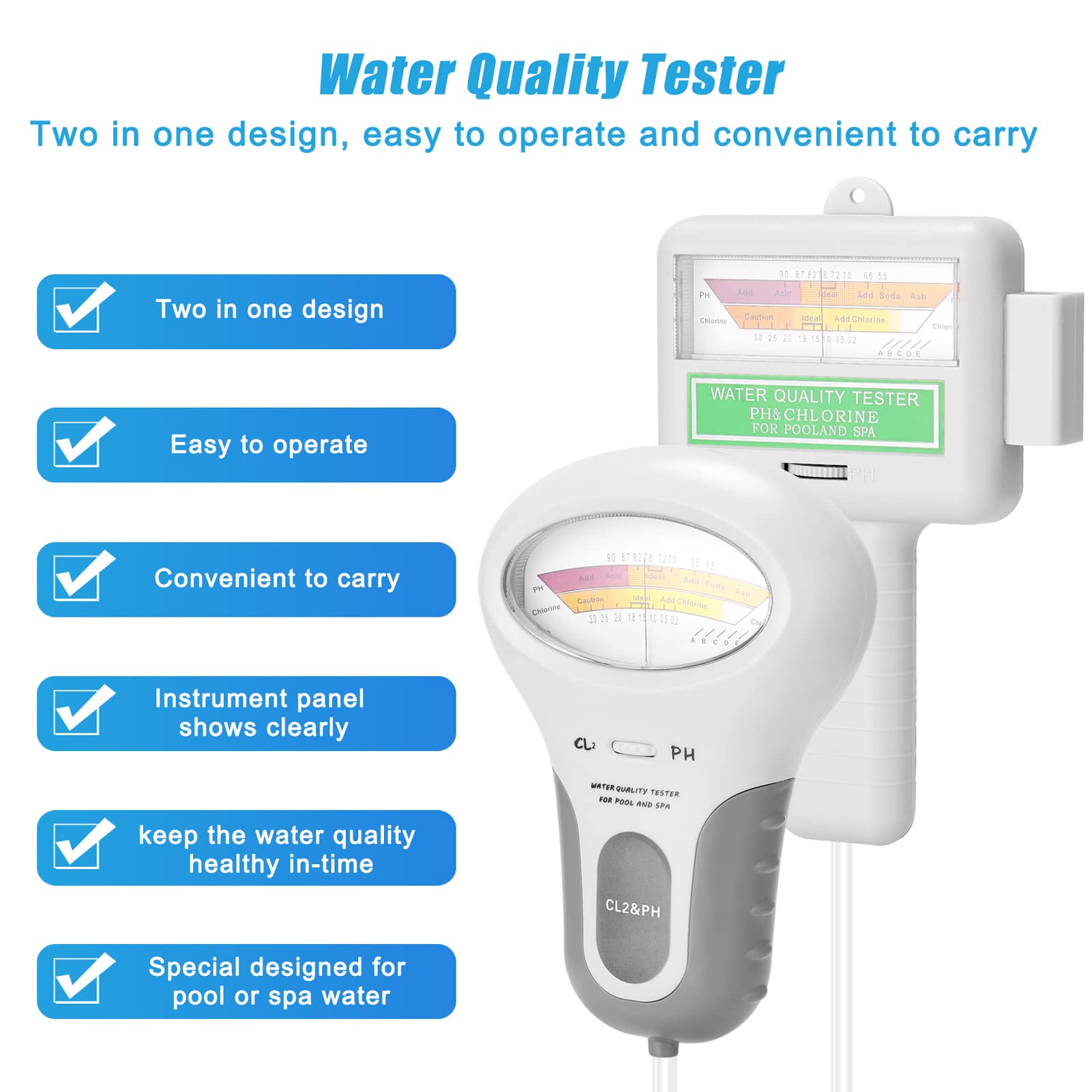 Geevorks 2 in 1 PH Tester per misuratore di cloro PH Tester Dispositivo per test di qualità dell'acqua di cloro CL2 Misurazione per acquario in piscina
