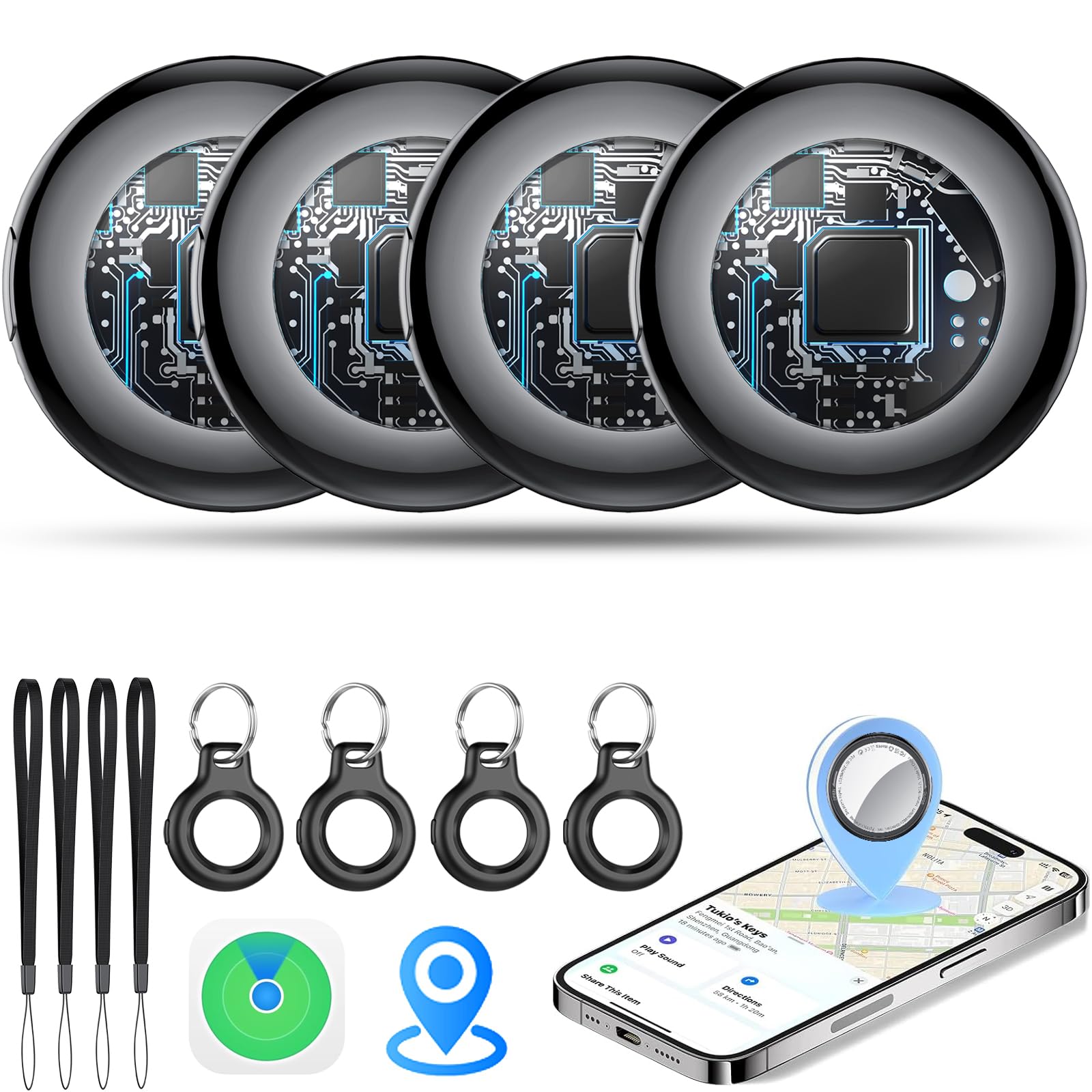 Air Tracker Tags 4 Pack Nera, Smart Air Tracker Localizzatore Funzona con Apple Dov'è App (solo iOS),5.3 Bluetooth Tracker Trova Oggetti per Chiavi,Bagagli,Valigie, AirTag Batteria Sostituibile