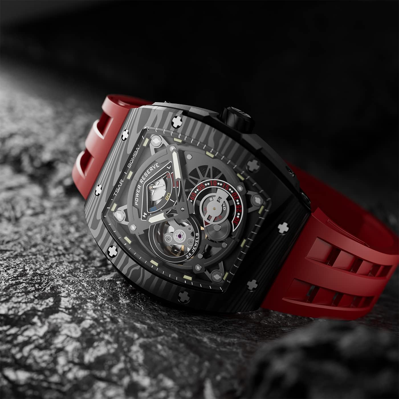 Watchs for Men Automatic - Luxury Tonneau Watch - Energy Storage Indicator - Sapphire Glass - 50m Waterproof - Fluororubber Strap - Gifts for Men