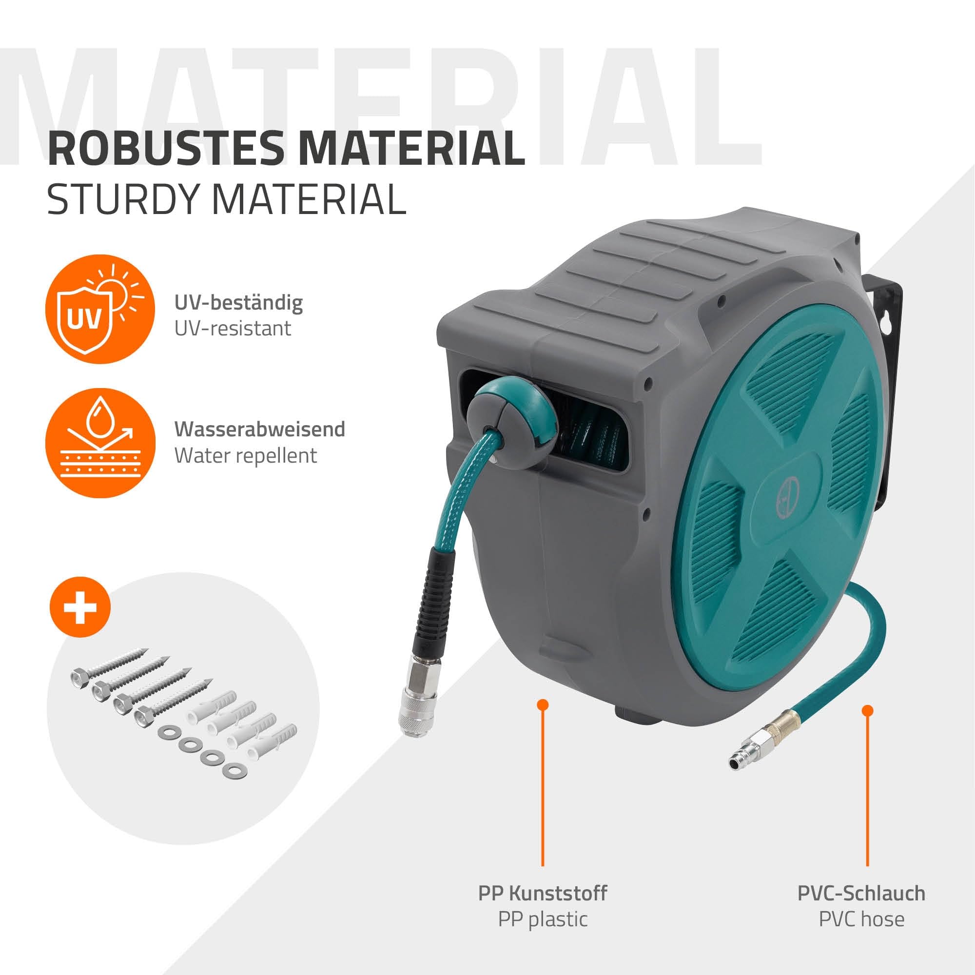 ECD Germany Druckluftschlauchtrommel 20m+2m, Automatischer Aufroller mit Arretierfunktion, 1/4" Anschluss, Schnellkupplung, 15 bar, 180° schwenkbar, Ø12mm, Automatik Schlauchaufroller für Wandmontage