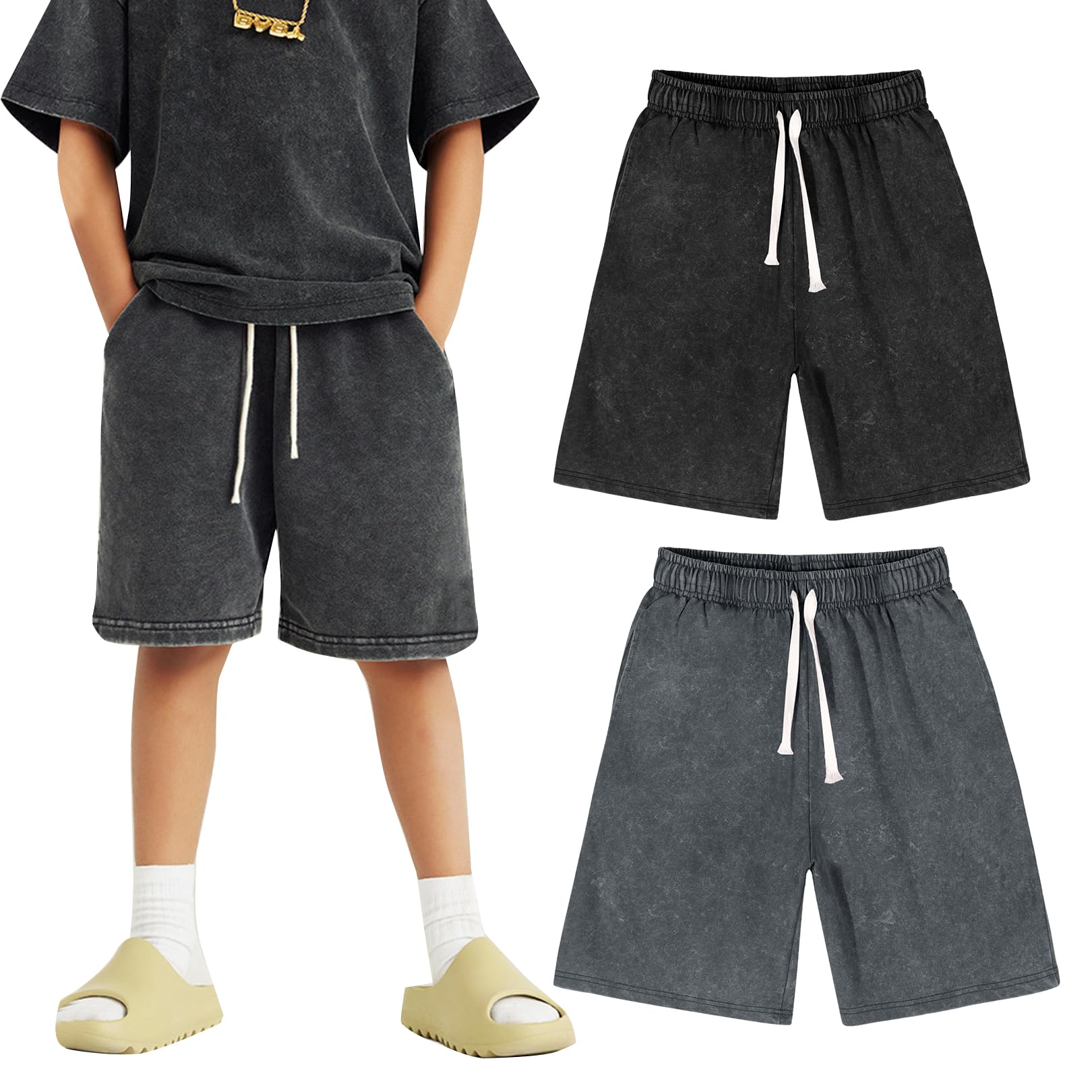 Flygo 2 Pack Boys Girls Cotton Shorts Acid Washed Active Pull On Jogger Shorts Kids Casual Athletic Loose Fit 5-14Y(Black+Darkgrey-XL)