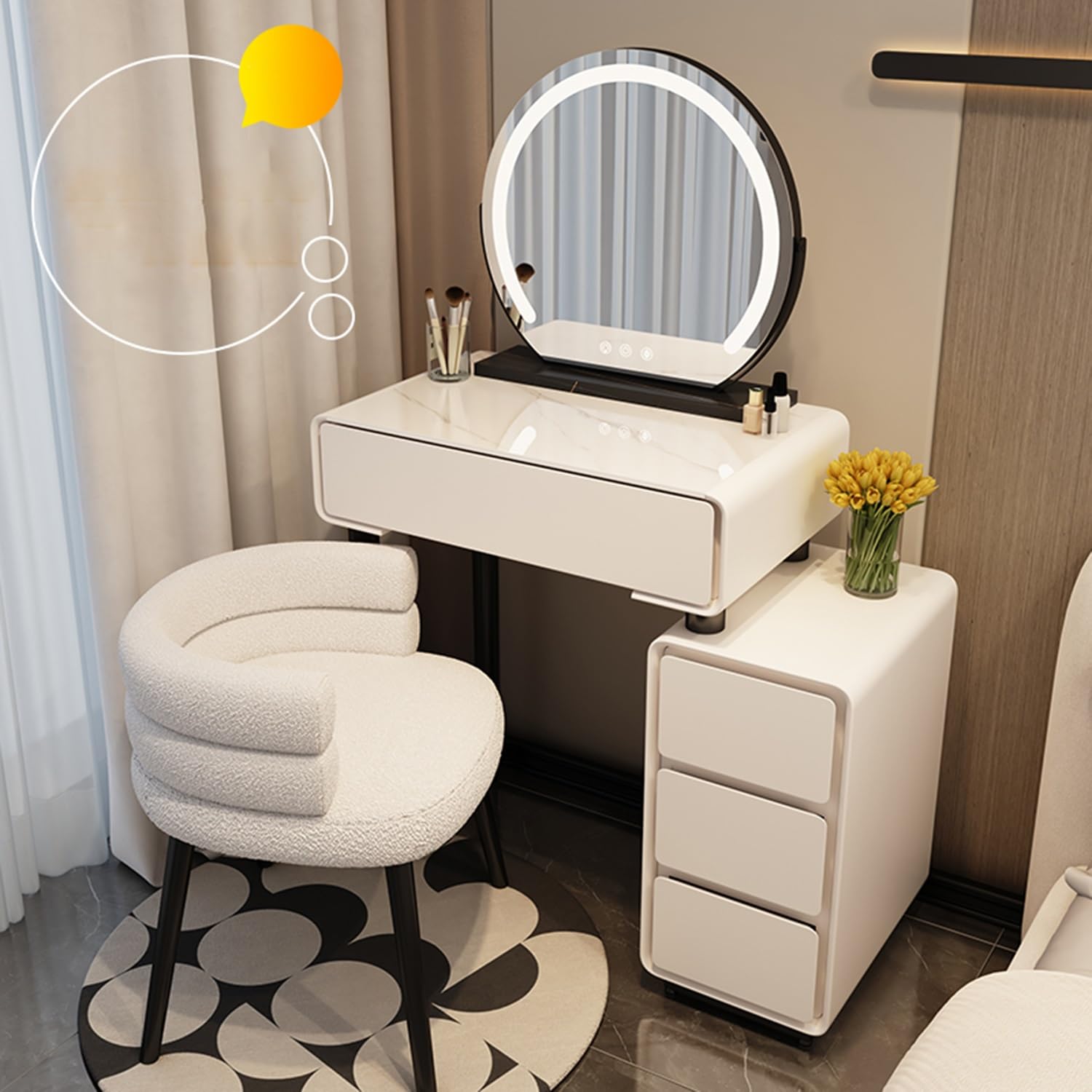 asdchZen White Vanity Desk With Mirror & Lights-Wooden Makeup Table Set With Cushioned Stool-Stylish Dressing Table For Bedroom & Living Room,Milky White-60cm/23.6in