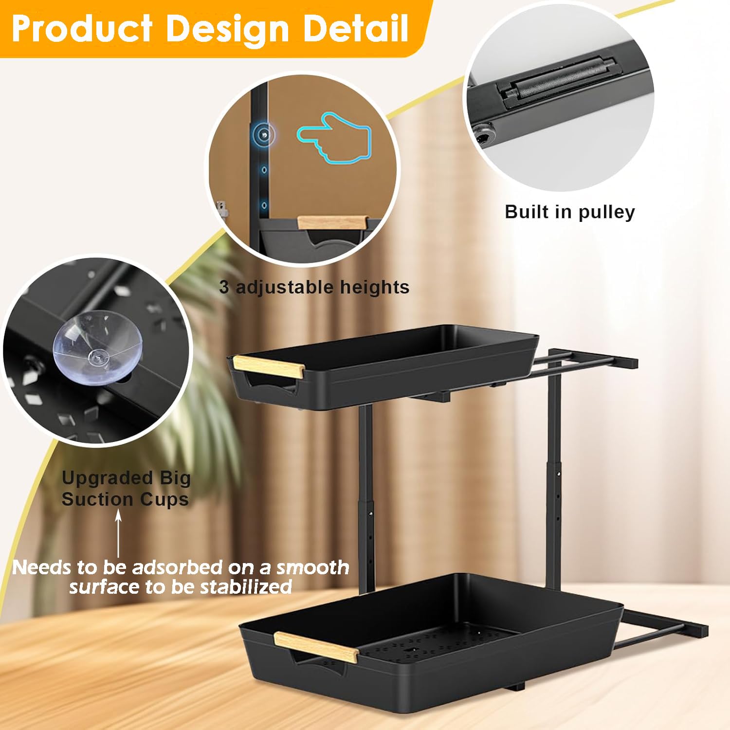 Organizery Schowek Pod Zlewem z Wysuwaną Szufladą w Kształcie Litery L, Regulowaną Na 3 Poziomy (33,5–41,5 Cm), Abs + Stal Węglowa Ultra, Nośność 22 Kg