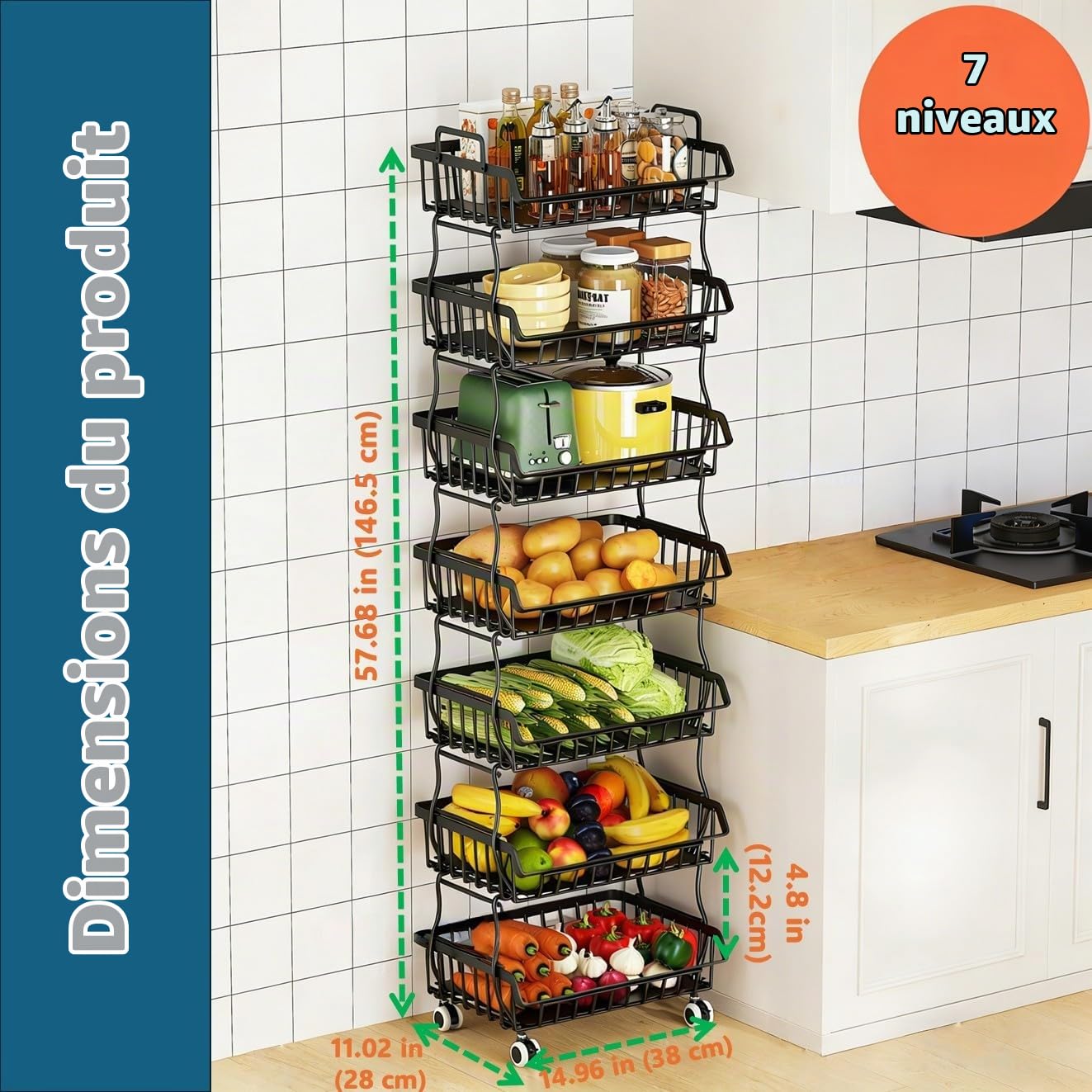 Panier en fil métallique avec poignée supérieure et roulettes roulantes, chariot de rangement empilable séparable, organisateur robuste pour cuisine, salle de bain, chambre à coucher