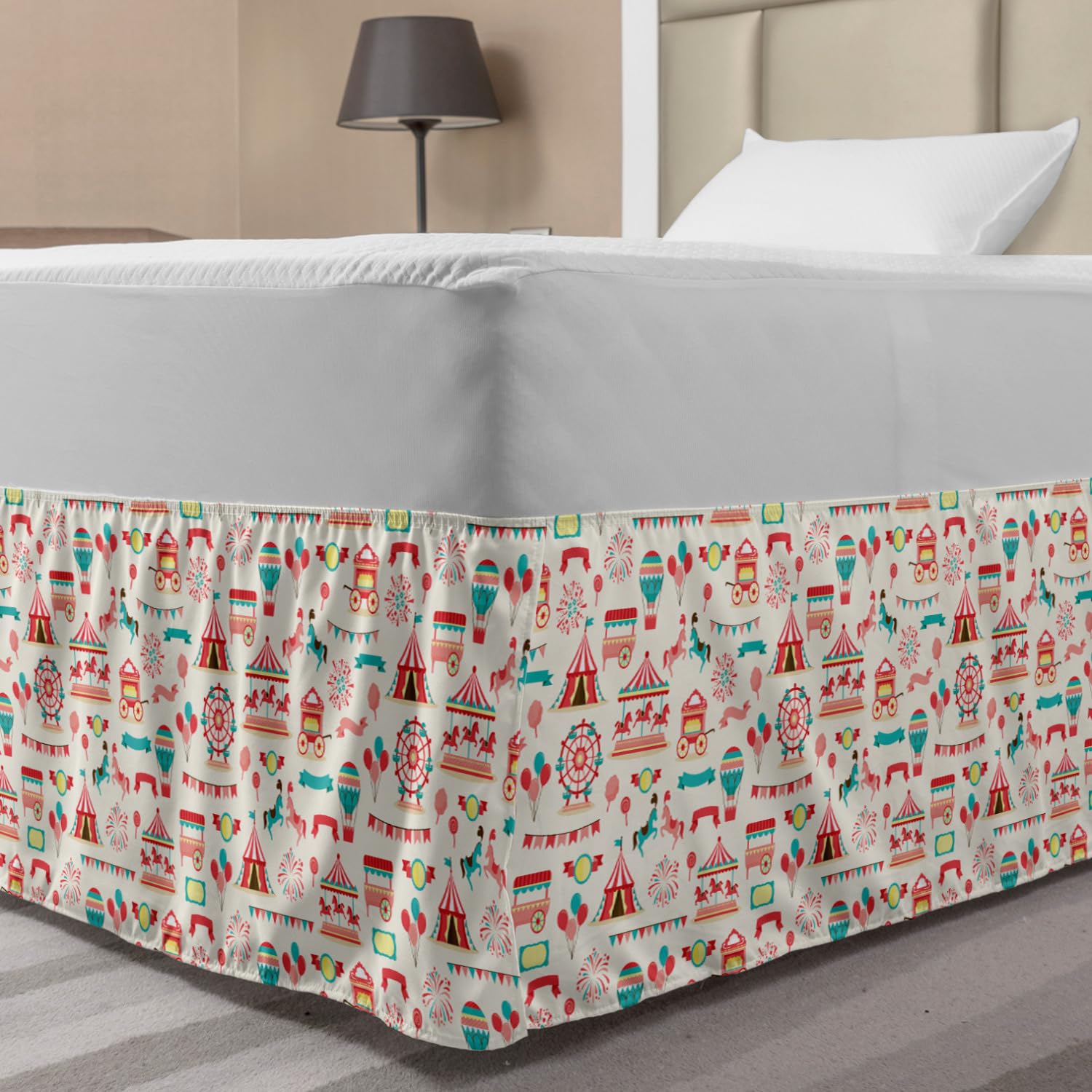 Lunarable Circus Elastic Bed Skirt Carnival Ferry Wheel Carousel Balloons Ice Cream Vendor Vintage Style Wrap Around Fabric