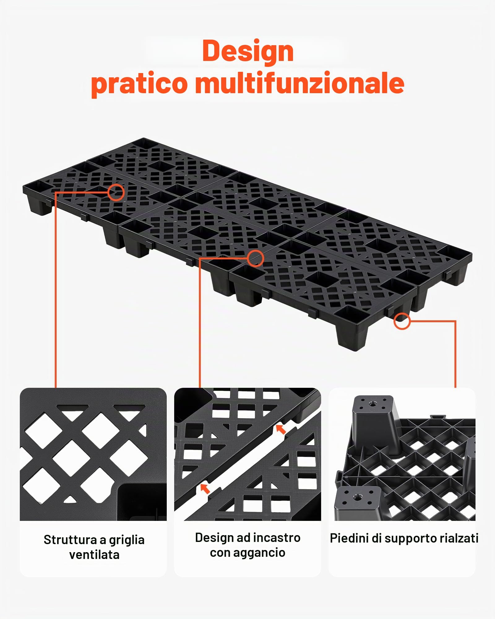 VEVOR Pallet in Plastica, Set da 6 Pedane ad Incastro Impilabili e Impermeabili, con Griglia Traspirante, per Cantina, Magazzino e Supermercato, Portata Statica 1000 kg/m², 50 x 30,5 x 10 cm, Nero
