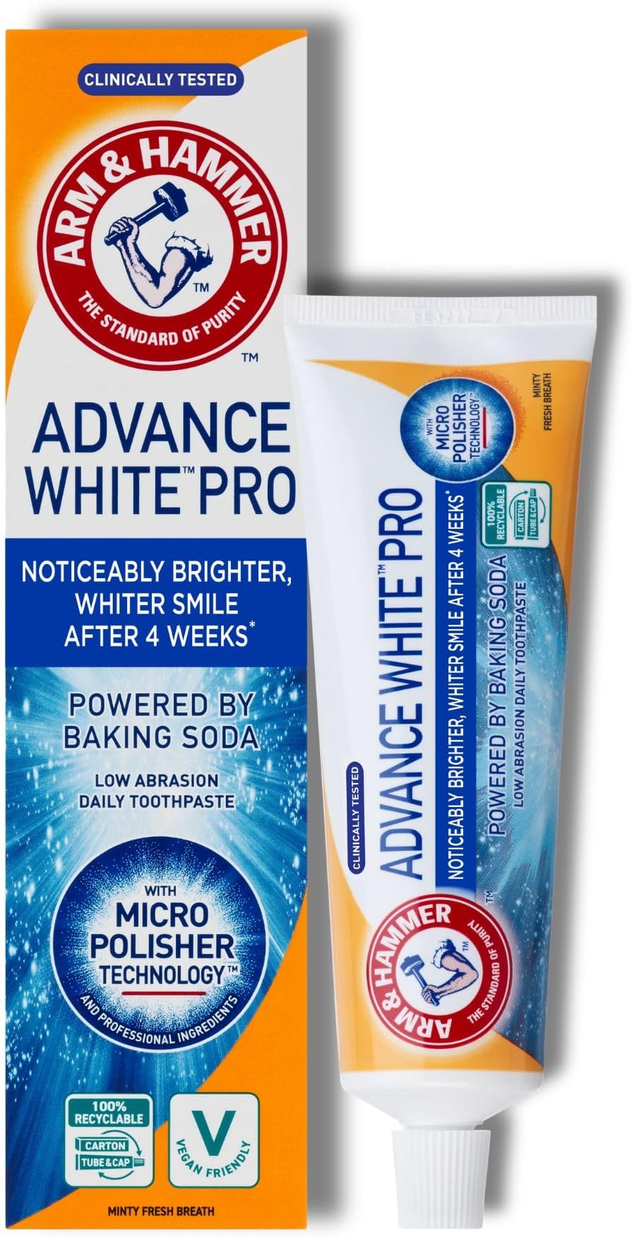 Arm & Hammer Advance White Pro Toothpaste, Baking Soda Teeth Whitening Toothpaste with Micro Polisher Technology, 2 Shades Whiter in 4 Weeks, 75 ml Tube