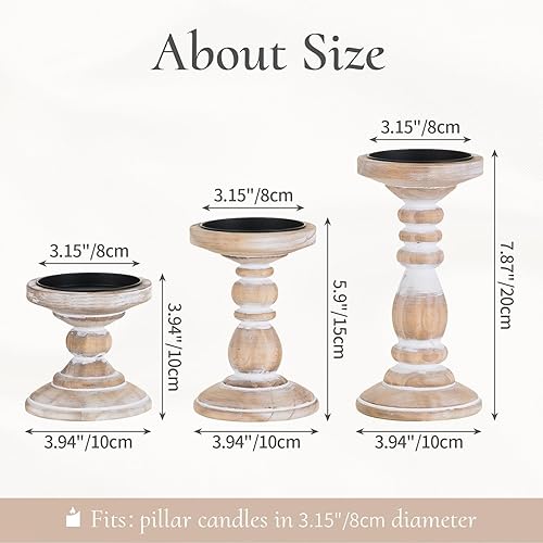 Miniatura 6 de Portavelas de pilar de madera 3 portavelas blanco rústico para velas de pilar, portavelas de madera envejecida, portavelas rústico grande para mesa