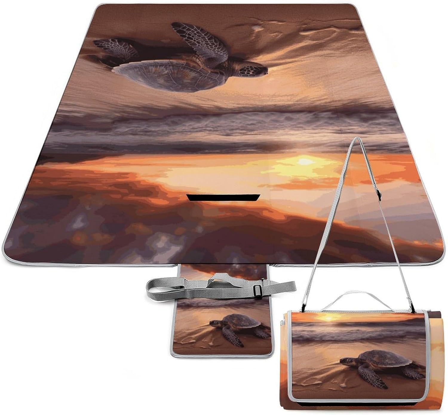 Sea Turtle Sunset Outdoor Mat Foldable ，Beach Blanket Waterproof Surface，Easy to Clean Travel Blanket， for Spring and Summer Grassland Camping