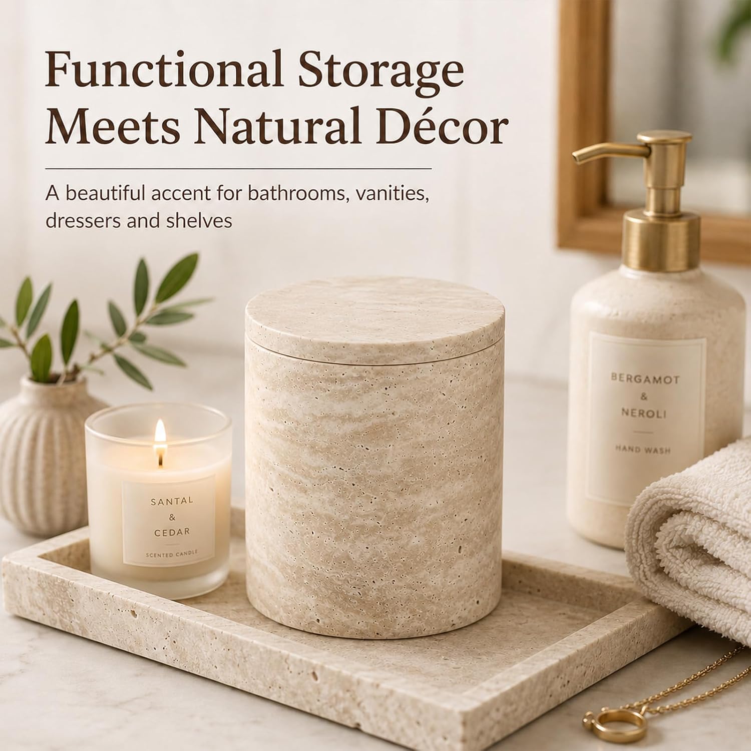 Travertine Bathroom Canister with Lid, Natural Stone Round Vanity Jar for Cotton Balls, Cotton Rounds, Makeup Pads, Floss Picks, Q Tips and Small Bathroom Essentials, Beige