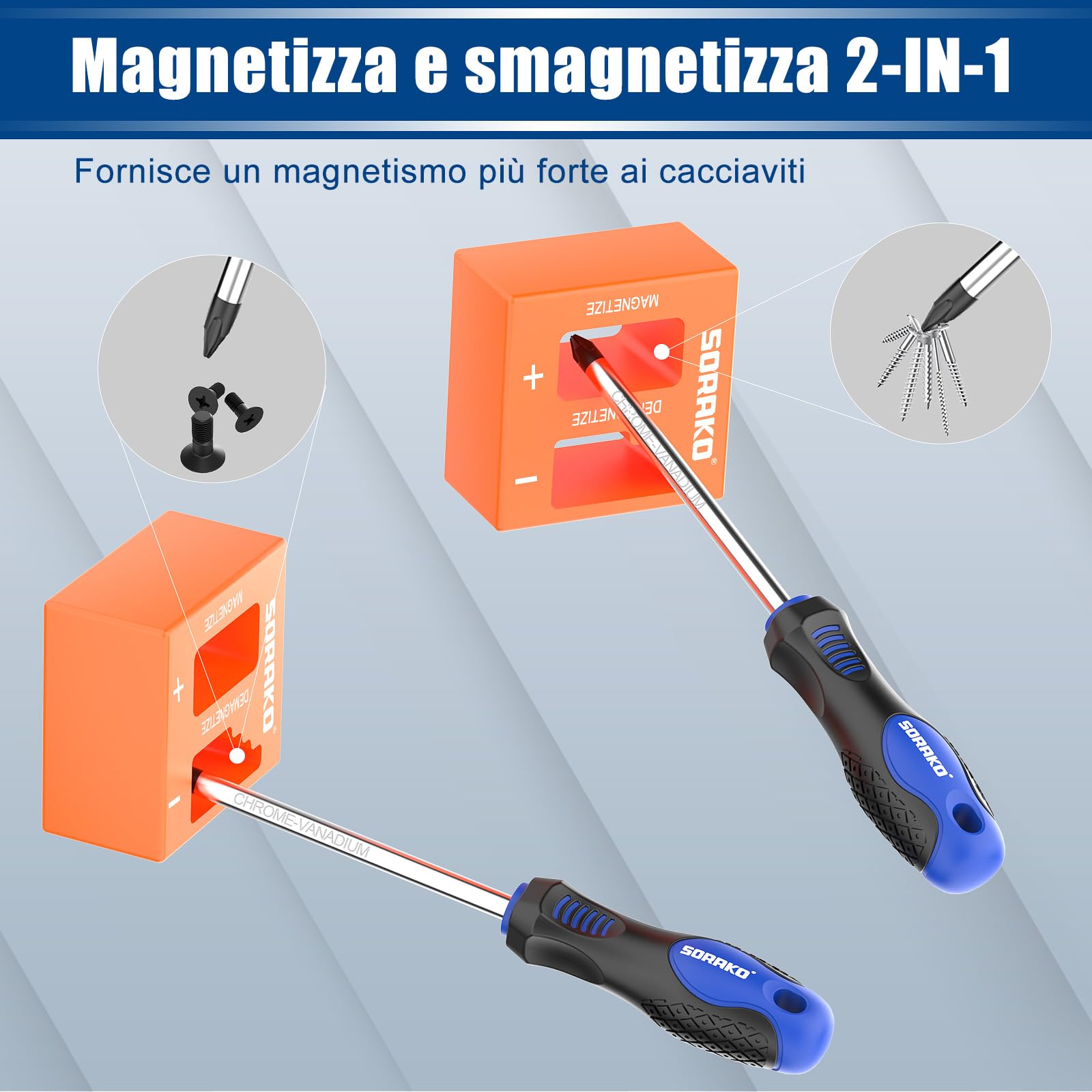 SORAKO Set cacciaviti da 11 pezzi, Con smagnetizzazione 2 in 1, Borsa in nylon ad alta densità, punta magnetica, impugnatura professionale antiscivolo, con 5 punte piatte, 5 punte a croce