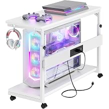 Armocity Computer Tower Stand - Large 32" PC Stand for Floor with Power Outlets, PC Tower Stand for Carpet, PC Holder Under Desk with Wheels and Hooks, Carbon Fiber White