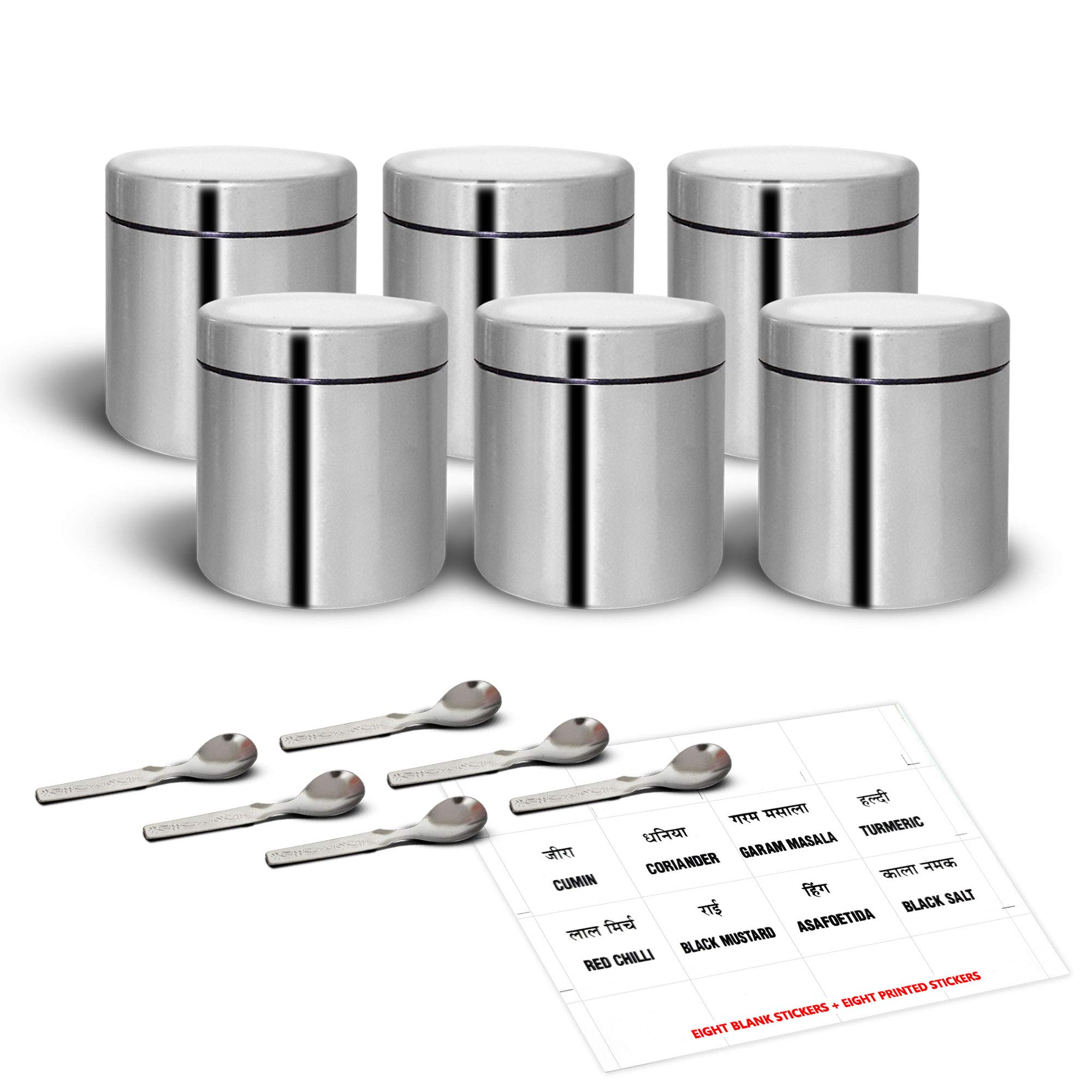 MARUMatte Finish Stainless Steel Spice Jars For Kitchen with 16 Labels & 6 Spoons Set 400ml Each, Masala Dabba Set, Perfect Spice Box For Kitchen Storage, Stylish Multipurpose Kitchen Storage Set