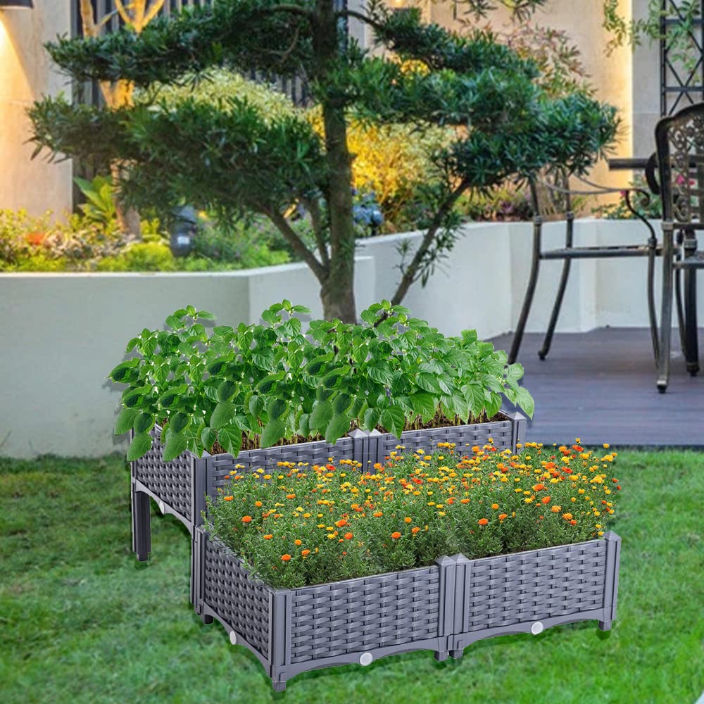 Mingone Pflanzkübel & Blumenkübel Outdoor – Wasserspeicher, Drainage – selbstbewässernd für Kletterpflanzen, ideal für Balkon, Terrasse & Garten (80×80×23-38cm, Rattan-Optik Graublau)
