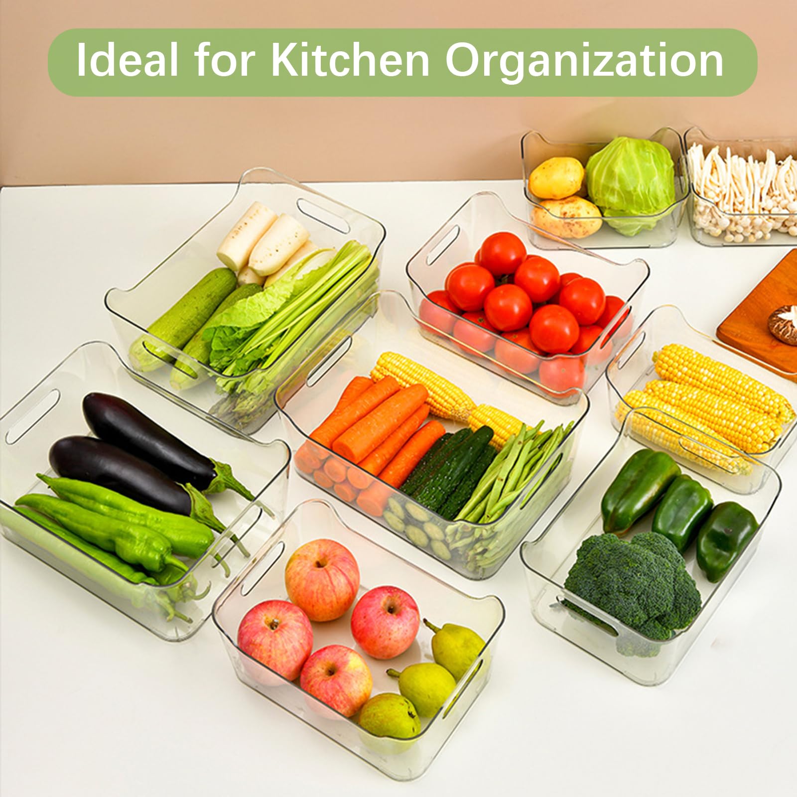 Organizador para la despensa - Juego de 4 - Organizador Cocina para Nevera, Cocina, Organizador de Fridge para Armarios y Encimeras, Transparente - Sin BPA - 28,5 x 20,6 x 13 cm