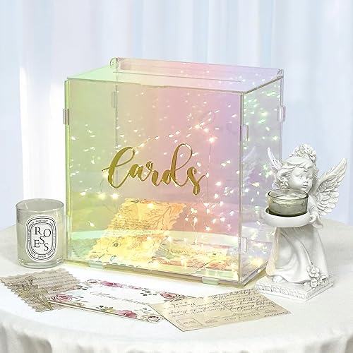 OurWarm Caja de tarjetas de boda de acrílico iridiscente con cadena de luz, caja de tarjetas de regalo para recepción de boda, sobre de boda,