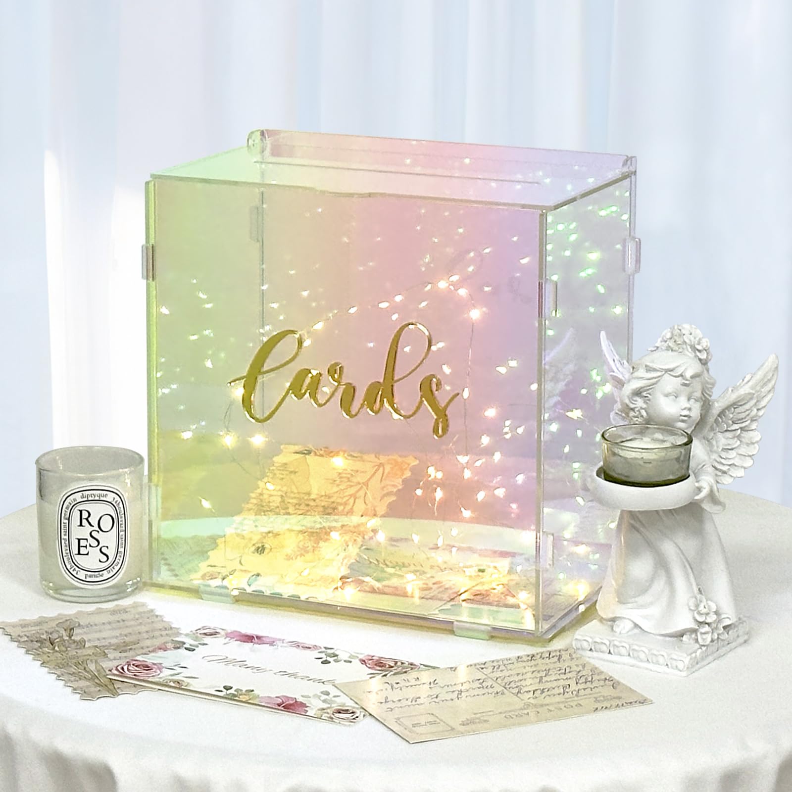 OurWarm Acrylic Wedding Card Box with String Light, Colorful Gift Card Box for Wedding Decorations for Reception, Money Box for Party Reception Anniversary Birthday Graduation Card Box