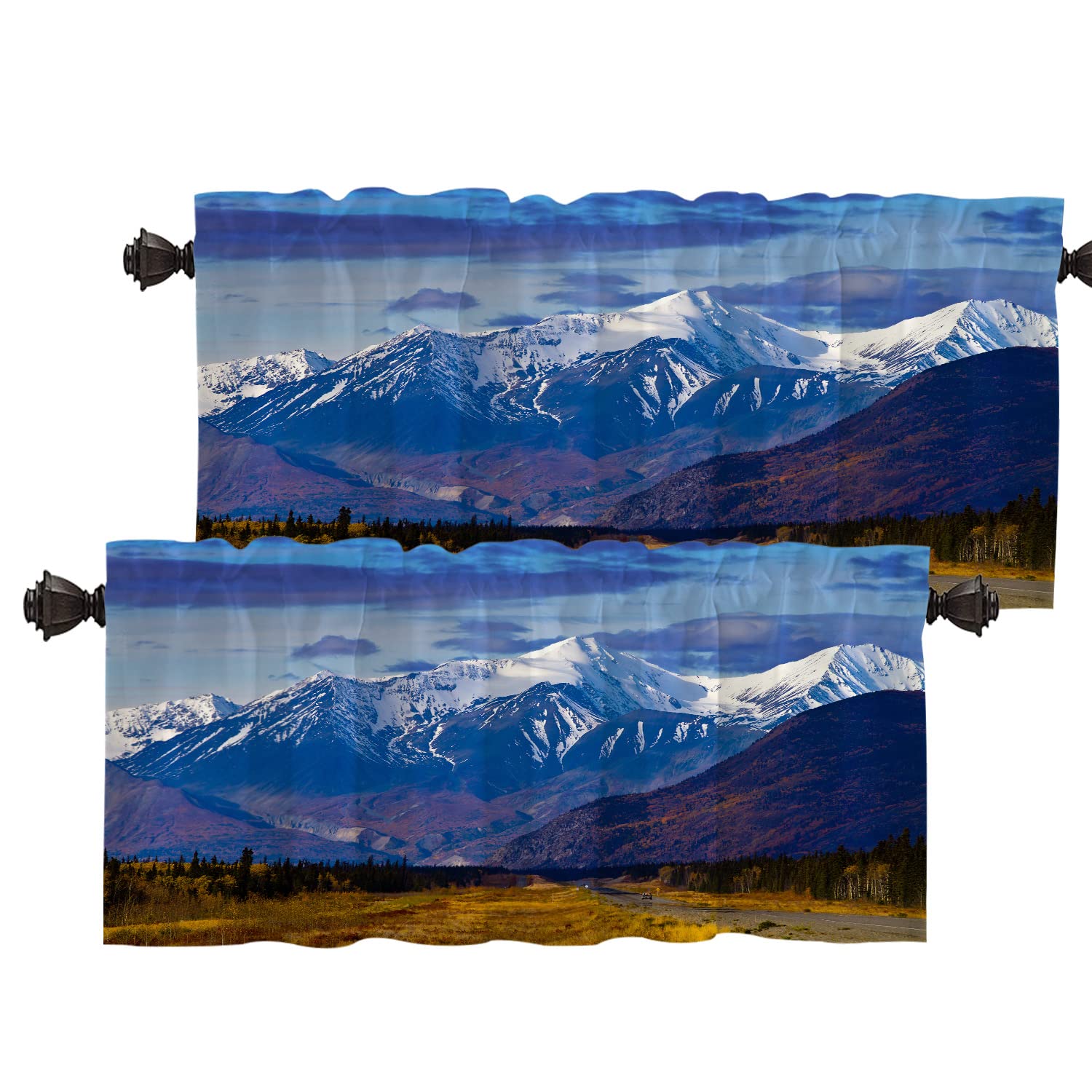 BatmerryDark Blue Nuture Snow Mountain Valance Curtains, Brown Fir Window Treatment Kitchen Valances Multilayer Polyester Blackout for Living Room/Bathroom, 2 Pack 52x18 inches