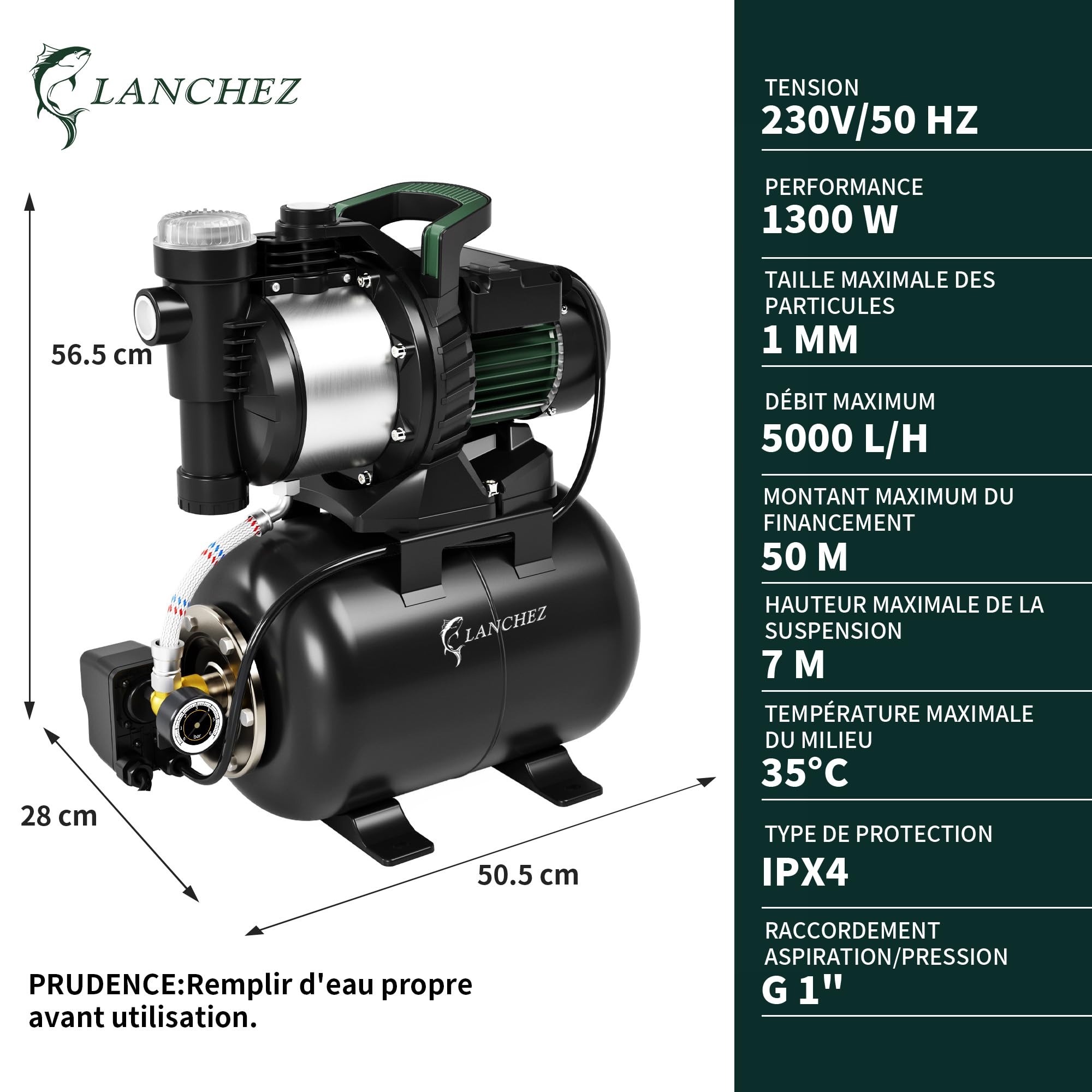 LANCHEZ Groupe Hydrophore 5000 L/H, Moteur 1300 W, Hauteur de Refoulement 50 m, Acier Inoxydable, Pompe de Surpression avec Réservoir 19L et Manomètre, Filtre, Raccord d'Eau et Vidange