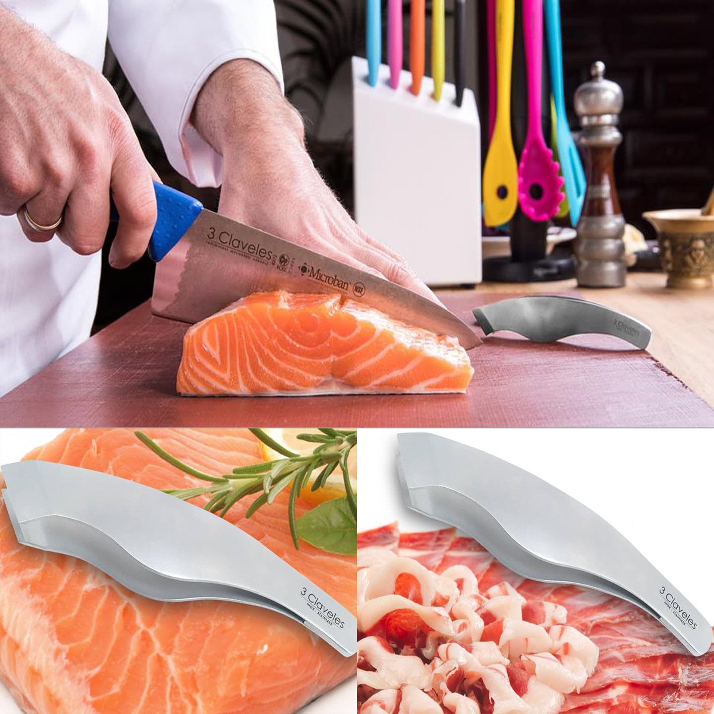 3 Claveles Pinzas Pescado o Jamón, Acero Inoxidable-(14cm), 14 cm