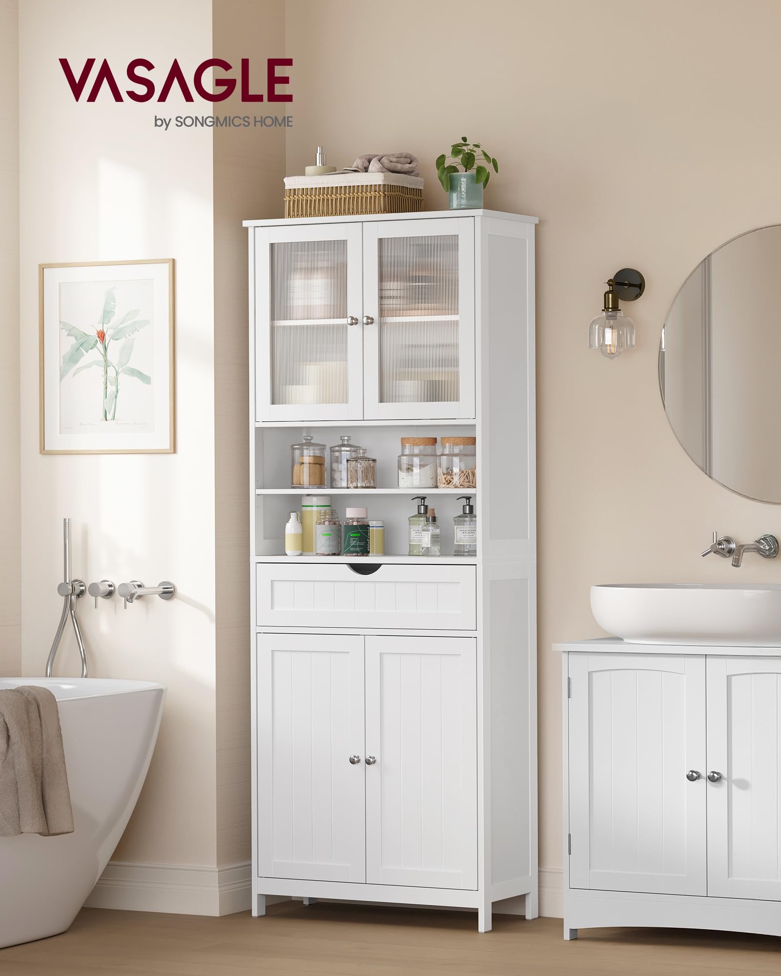 vasagle storage cabinet, freestanding storage unit with adjustable shelves, drawer, open compartments, for bathroom, living room, kitchen, cloud white ubbc768wh01s