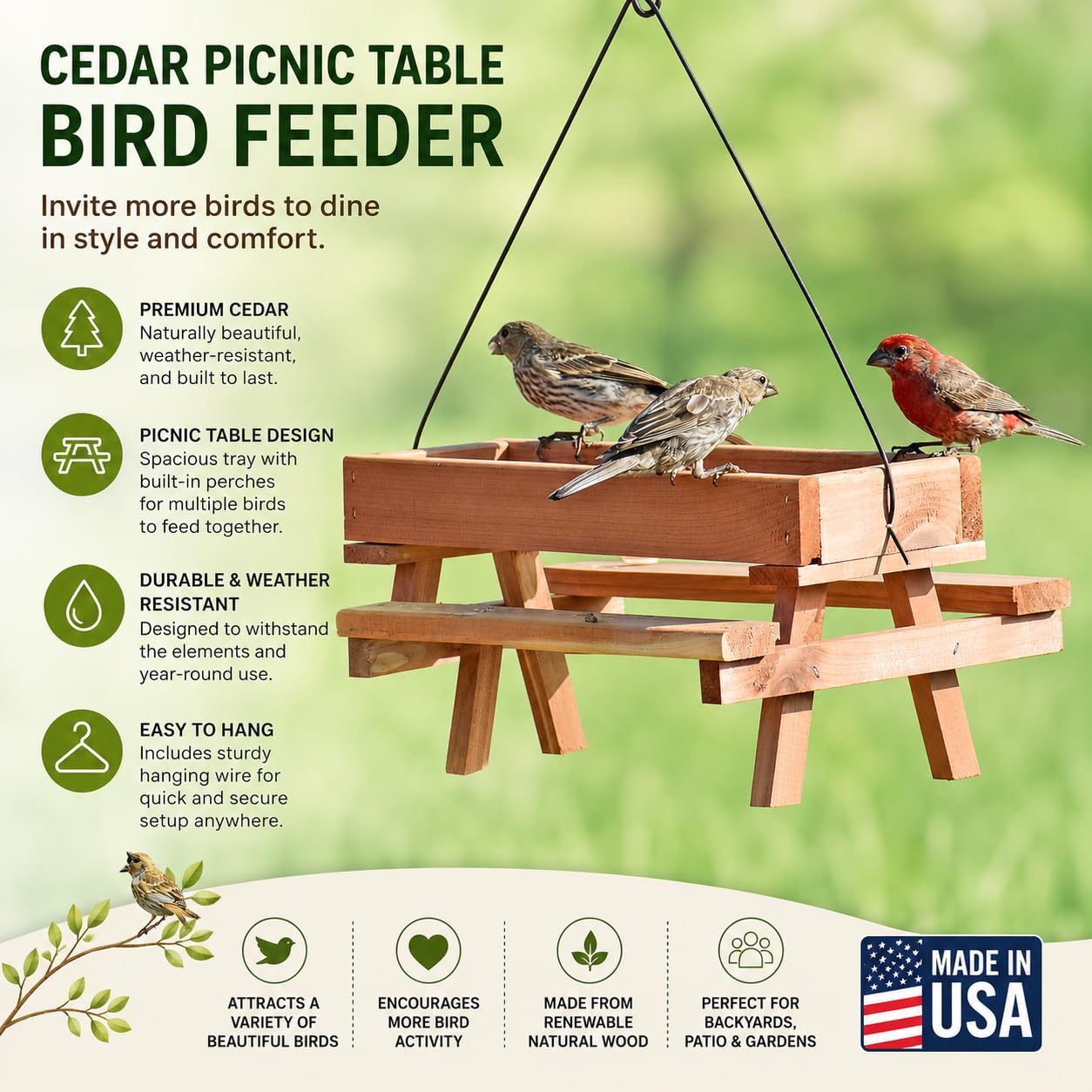 Comedero para pájaros de Cedro, Fabricado en Estados Unidos