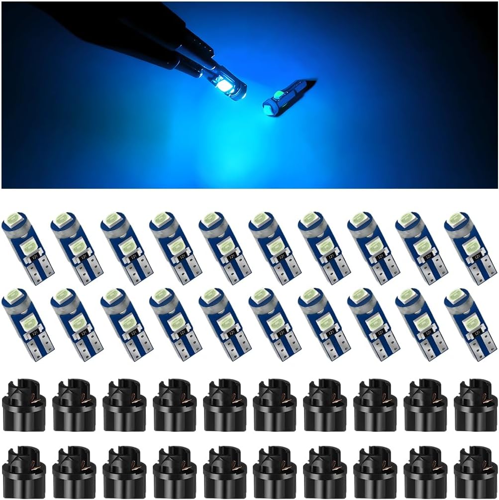 HZEL 20Sets/40PCS Car 74 LED Bulb Dash Light, Bright T5 2721 37 74 PC74 Wedge Twist Socket Vehicle Dome Map Dashboard Indicator, Instrument Panel Gauge Cluster Lamp, Universal for Vehicle (Ice Blue)