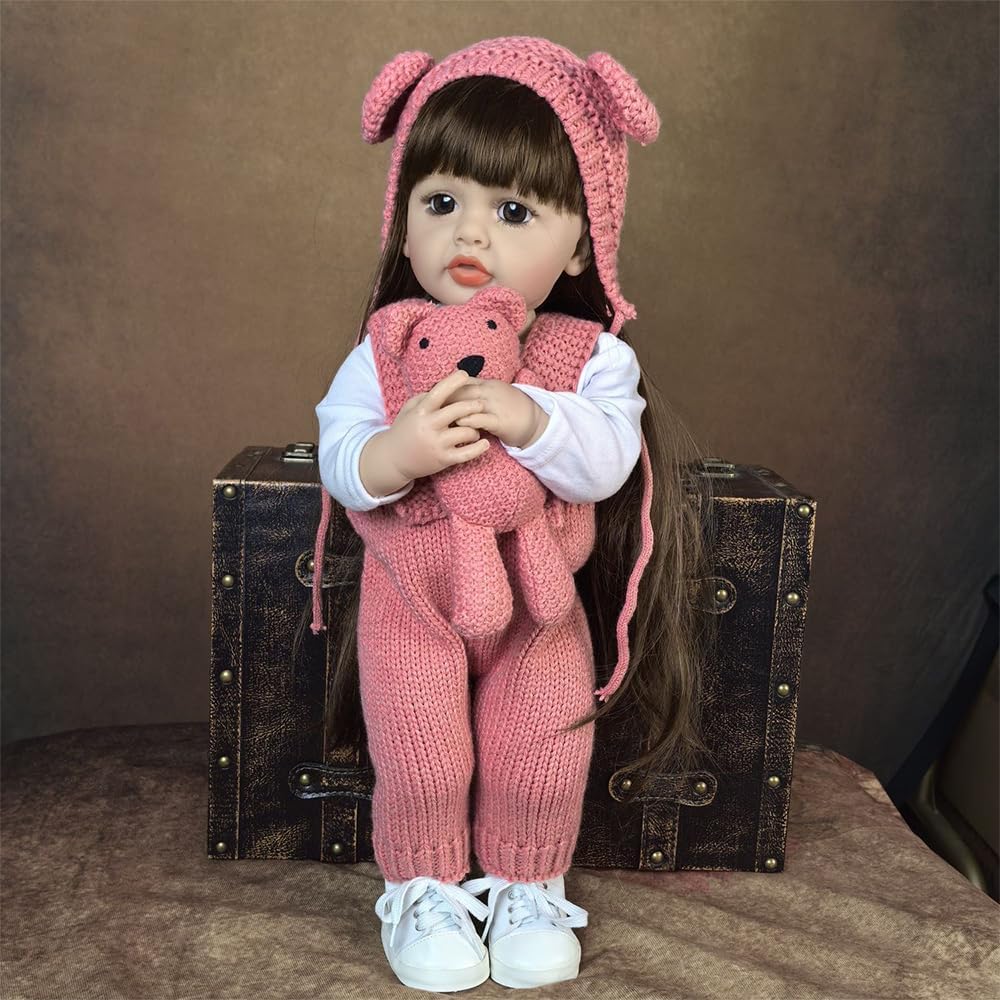 Reborn Puppe Mädchen, 50 cm Weiches Silikon Vinyl, Rosa Gestricktes Outfit mit Bärenmütze, Inkl. Kuscheltier, Geschenk für Kinder