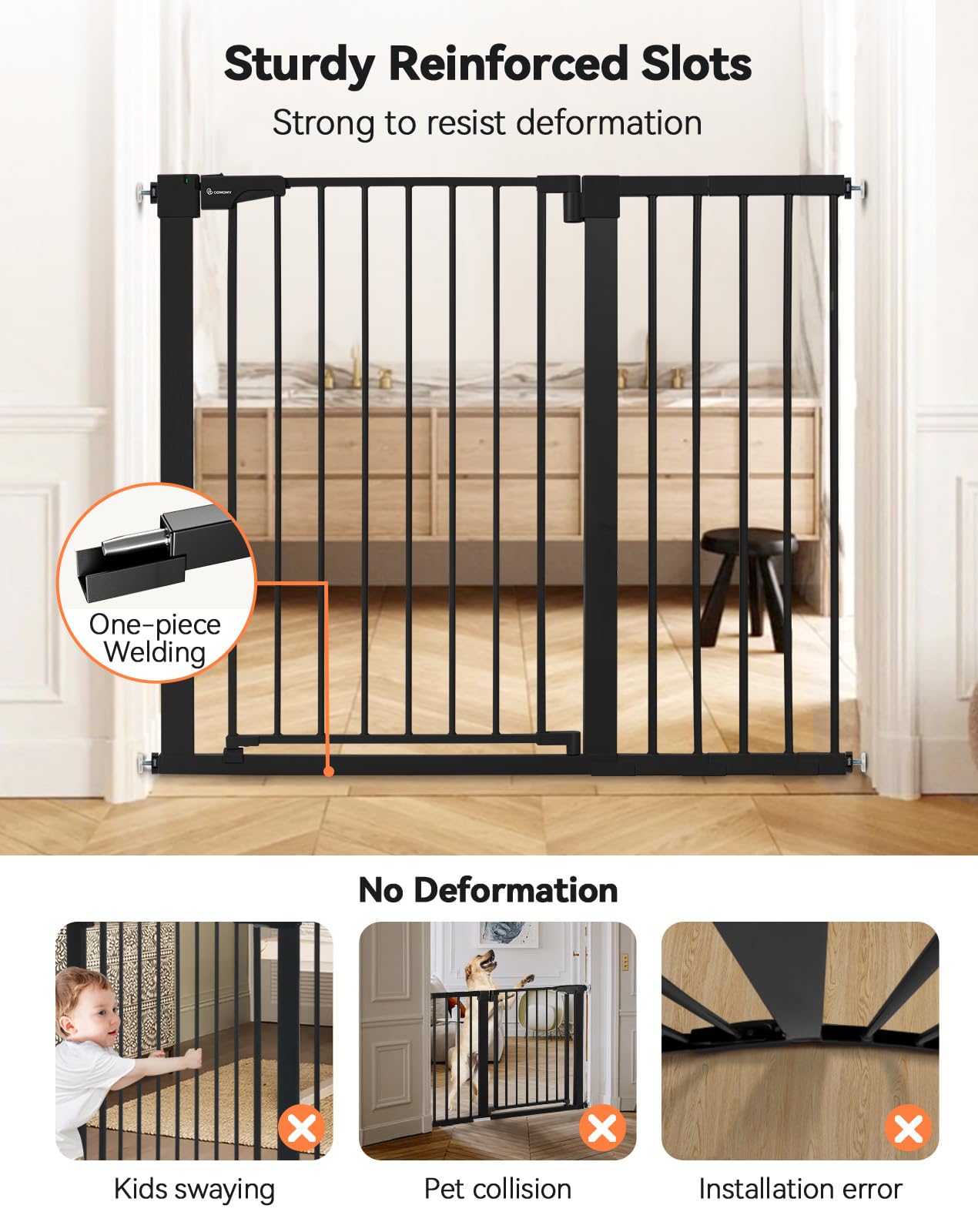 COMOMY 91,5cm Cancelletto per cani Extra Alto, per Scale e Porte, 75 a 117cm di Larghezza, Montato a Pressione Cancellino Bambini di Sicurezza Extra Largo a Chiusura Automatica per Casa, Nero