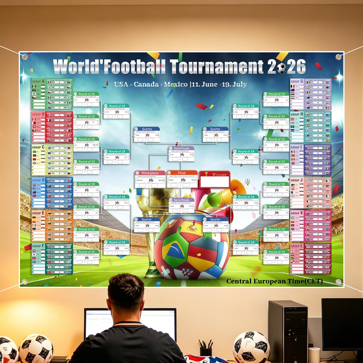 Poster Calendario Partite Coppa del Mondo 2026, 150x100cm con adesivi correttivi e cordino, calendario di gioco con 48 squadre, Decorazione Salotto Bar Festa, Ideale per i Tifosi di Calcio (150x100)