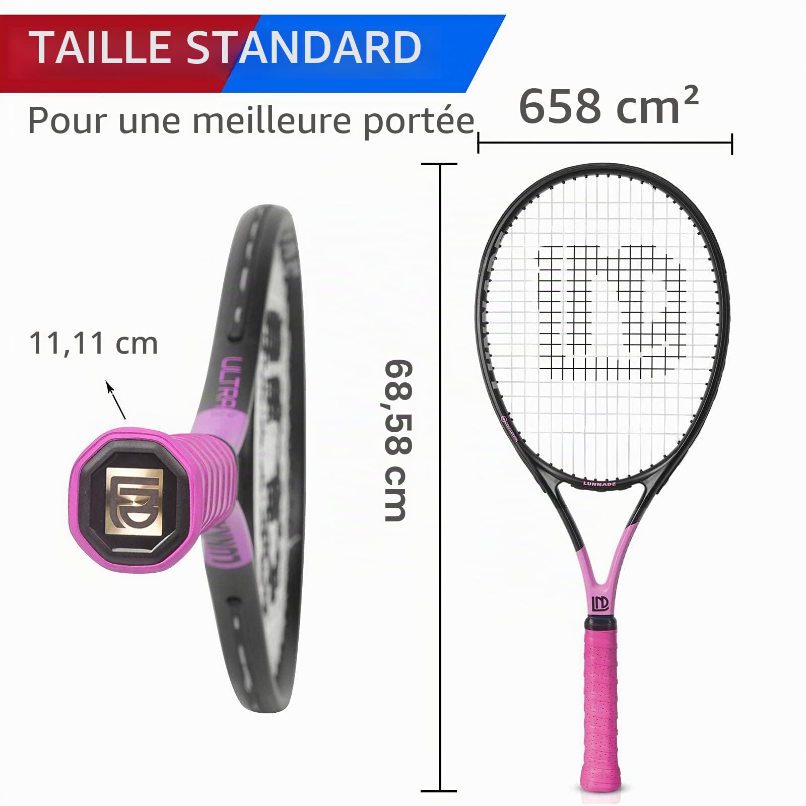 Raquette de Tennis Adulte 27 Pouces, Anti-Chocs en Fibre de Carbone, légère, précordée et regrip, Convient aux débutants et aux Joueurs intermédiaires