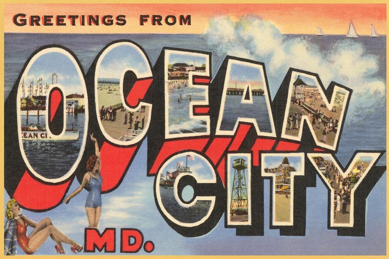 ART.COM Wall Art Print Greetings from Ocean City, Maryland, 24" x 16"