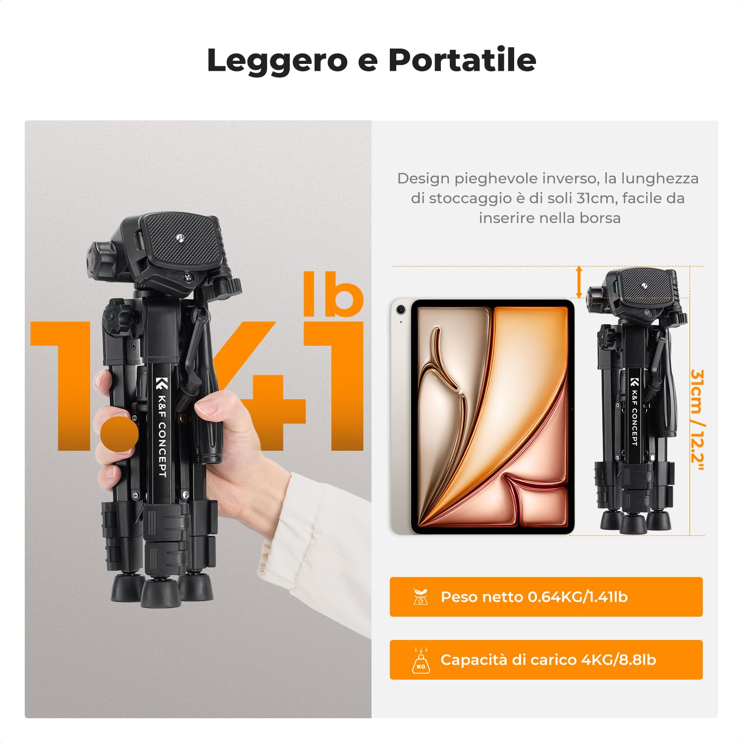 K&F CONCEPT Mini Treppiede per Fotocamera 64CM, Treppiede da Tavolo in Alluminio con Telecomando, Mini Travel Tripod S233A0, Treppiede Piccolo per DSLR, VCR, Cellulari, Proiettori e Telescopi, ecc.