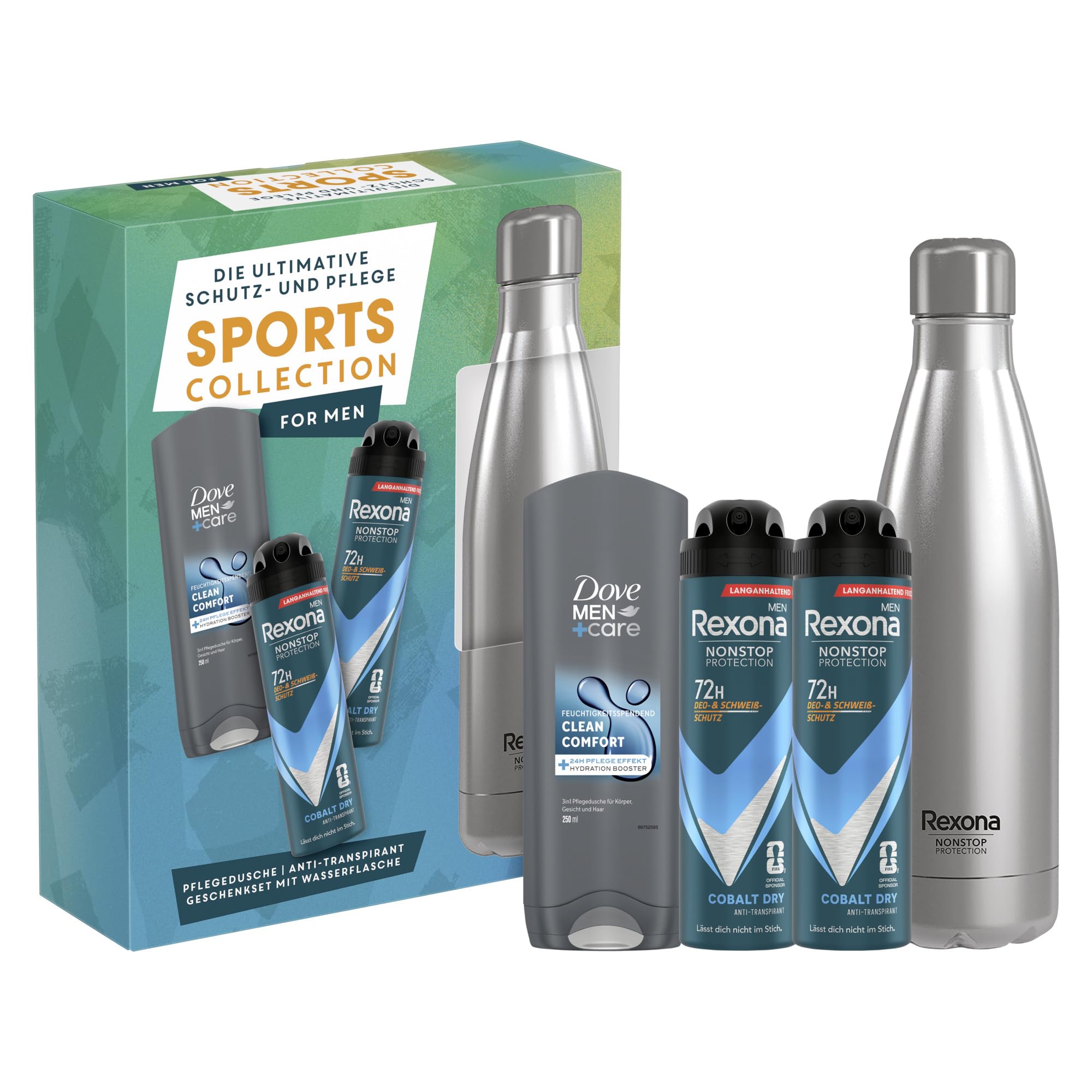 Rexona Geschenkset für Männer Sports Collection Pflegeset mit 2x Anti Transpirant (2x 150 ml), Pflegedusche (250 ml) und einer Trinkflasche aus Edelstahl (750 ml)