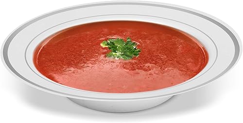 Miniatura 2 de BloominGoods 50 cuencos desechables de plástico con borde plateado blanco  Vajilla desechable de alta calidad de 14 onzas con diseño real de China