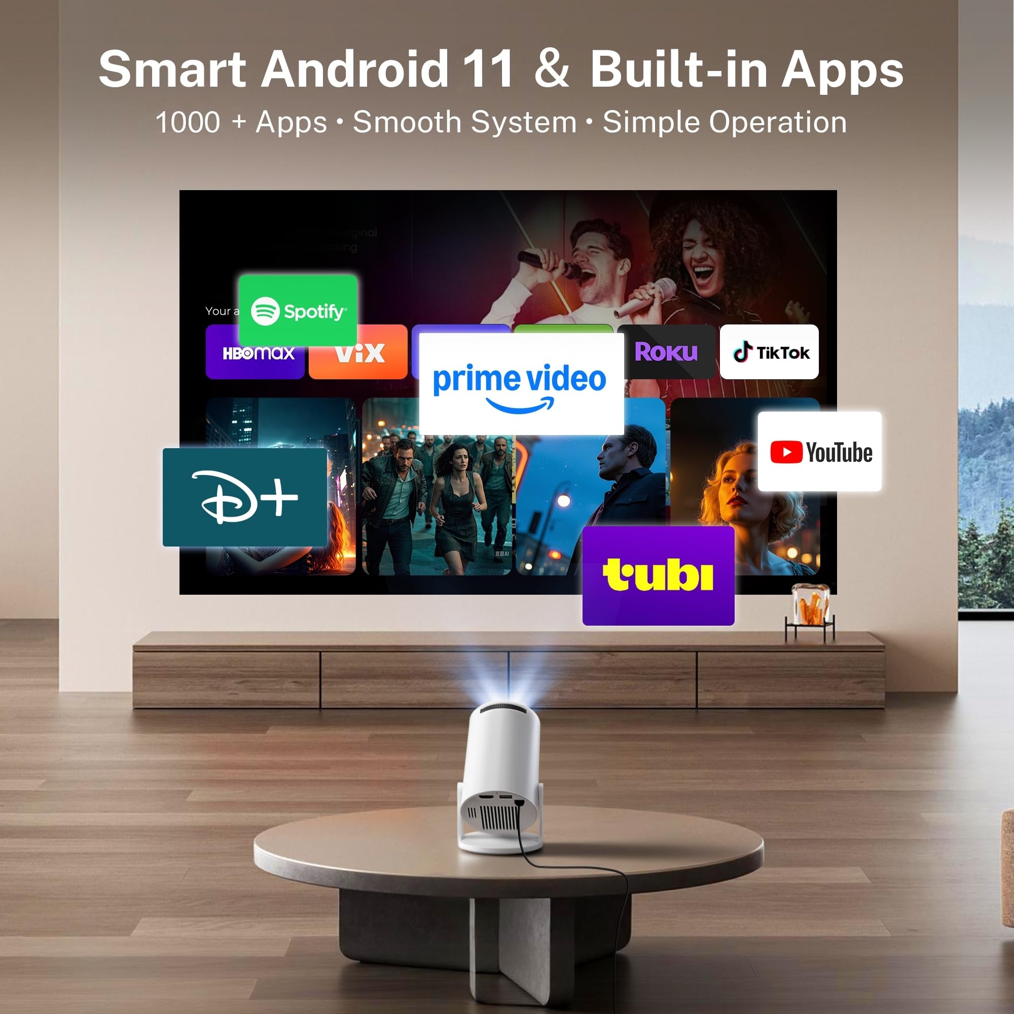 WEMI - Mini proyector portátil con WiFi 6 y Bluetooth 5.4 para dormitorio, película inteligente para iPhone, teléfono celular, Android OptiBarrel 500, aplicaciones integradas y actualizadas en 2026