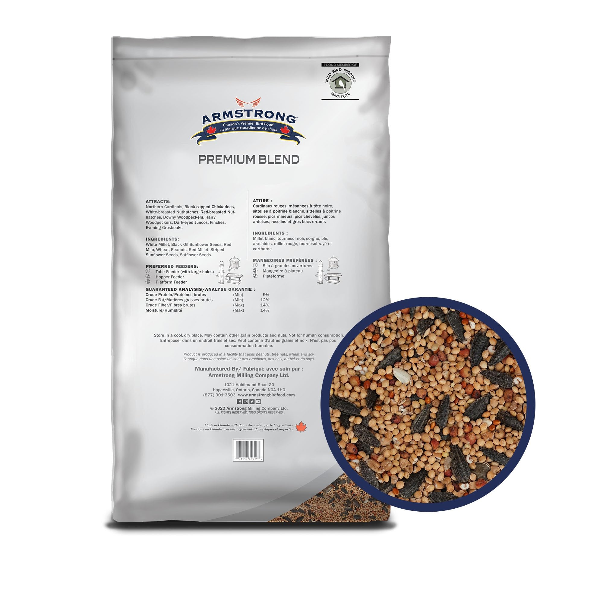 Armstrong Wild Bird Food Premium Blend, 30.8 Pounds - with White Millet, Black Oil Sunflower, Wheat, Peanuts, Striped Sunflower and Safflower for Northern Cardinals and Black-Capped Chickadees