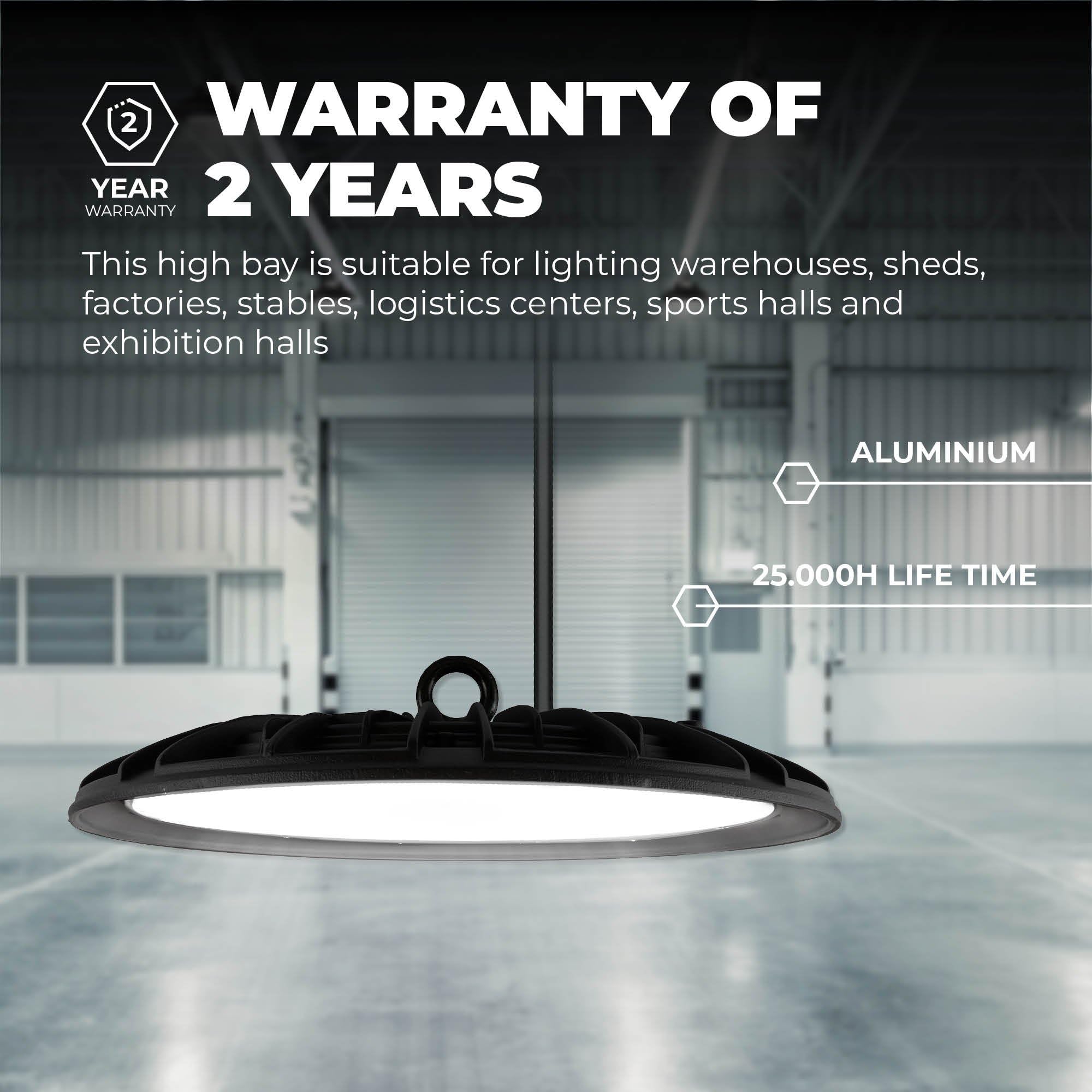Ledvion - LED High Bay Sensor Regulable, 150W, 110lm/W, 22.000Lm, 6000K, IP65, 2 Años de Garantía, Lámpara UFO