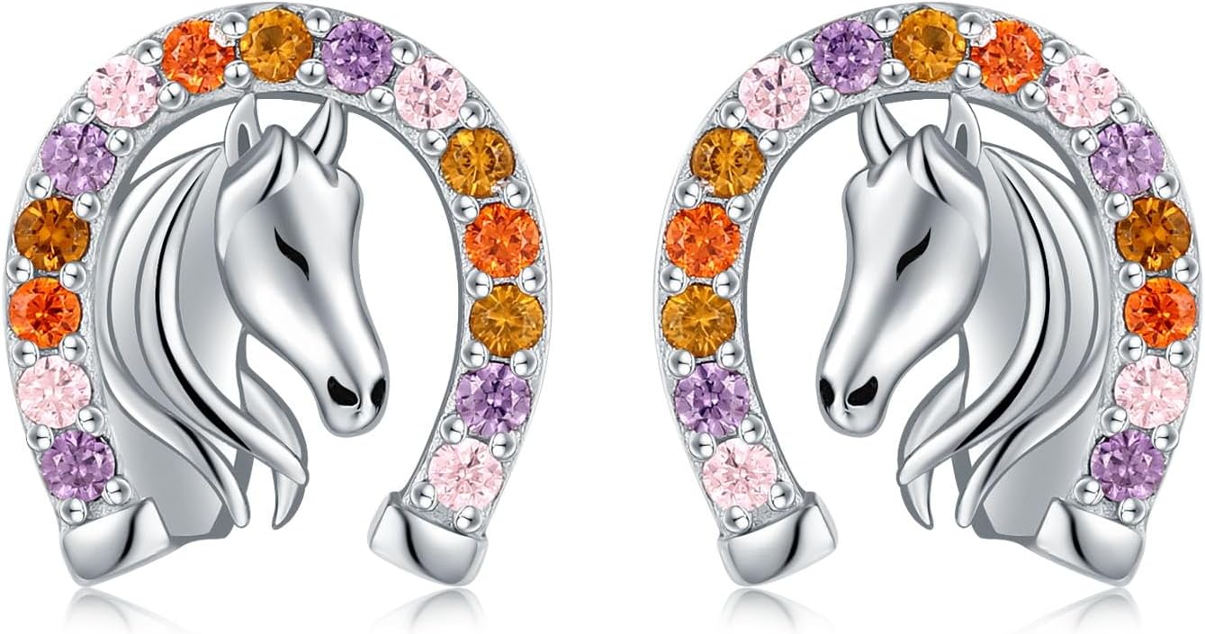 925 Sterling Silver Horseshoe Horse Stud Earrings for Granddaughter Hypoallergenic Horse Ear Studs for Women Animal Earrings Birthday Jewelry Gifts for Daughter Horse Lover
