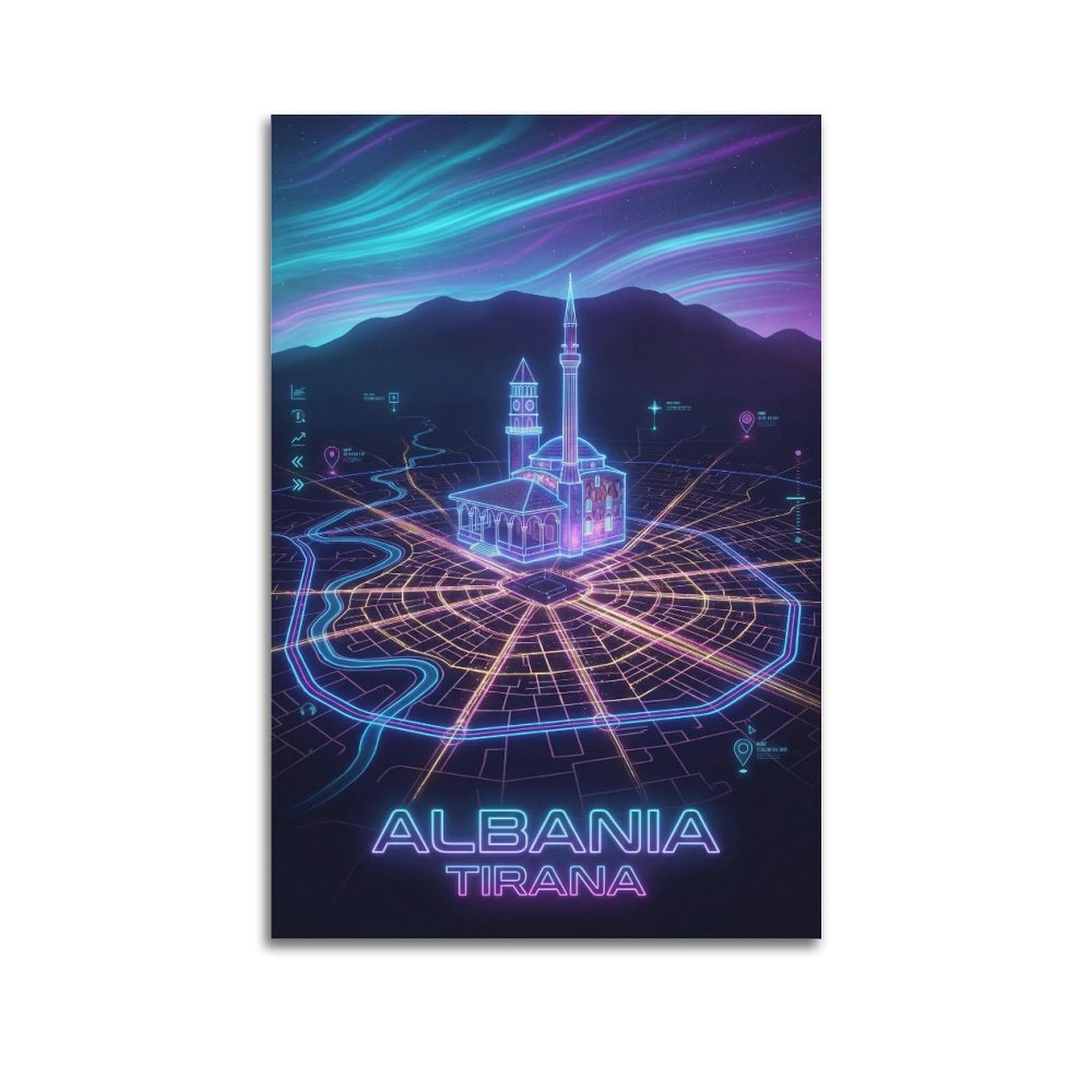 XKUGA Cyber Neon Map Travel Poster Tirana Albania Modern Decorative Canvas Prints - Ideal Wall Art for Family, Man Cave, Game Room, Boys & Girls Bedroom 12x18inch(30x45cm)