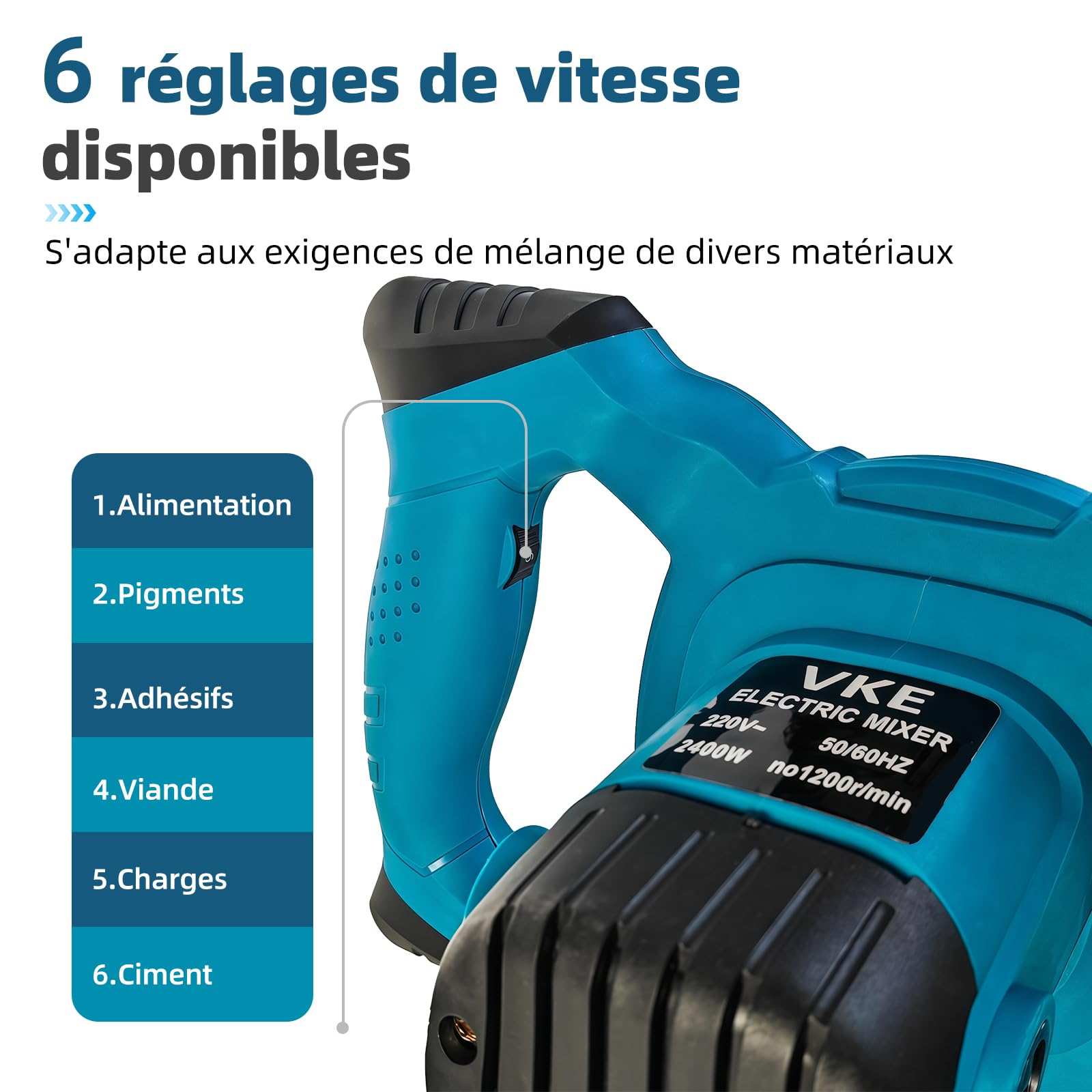 VKE Malaxeur, Melangeur Beton Colle 2400 W à 6 Vitesses, Max. 1200 tr/min Malaxeur Mortier Avec Bouton de Réglage de Vitesse Fixe, Mélangeur Peinture Avec Sac de Rangement, Betonniere électrique